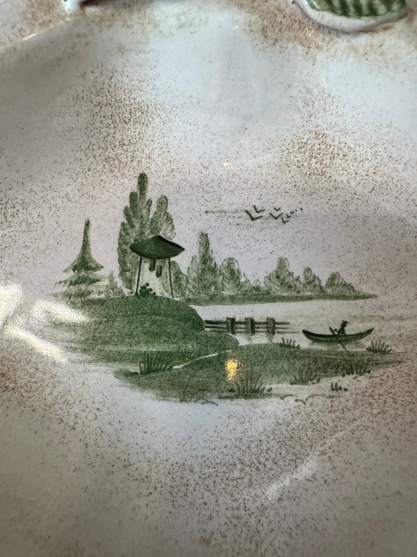 Sihl Zurich Hand-Painted Divided Ceramic Dish - Scenic Green Landscape Design, Midcentury Modern Swiss Pottery (12")