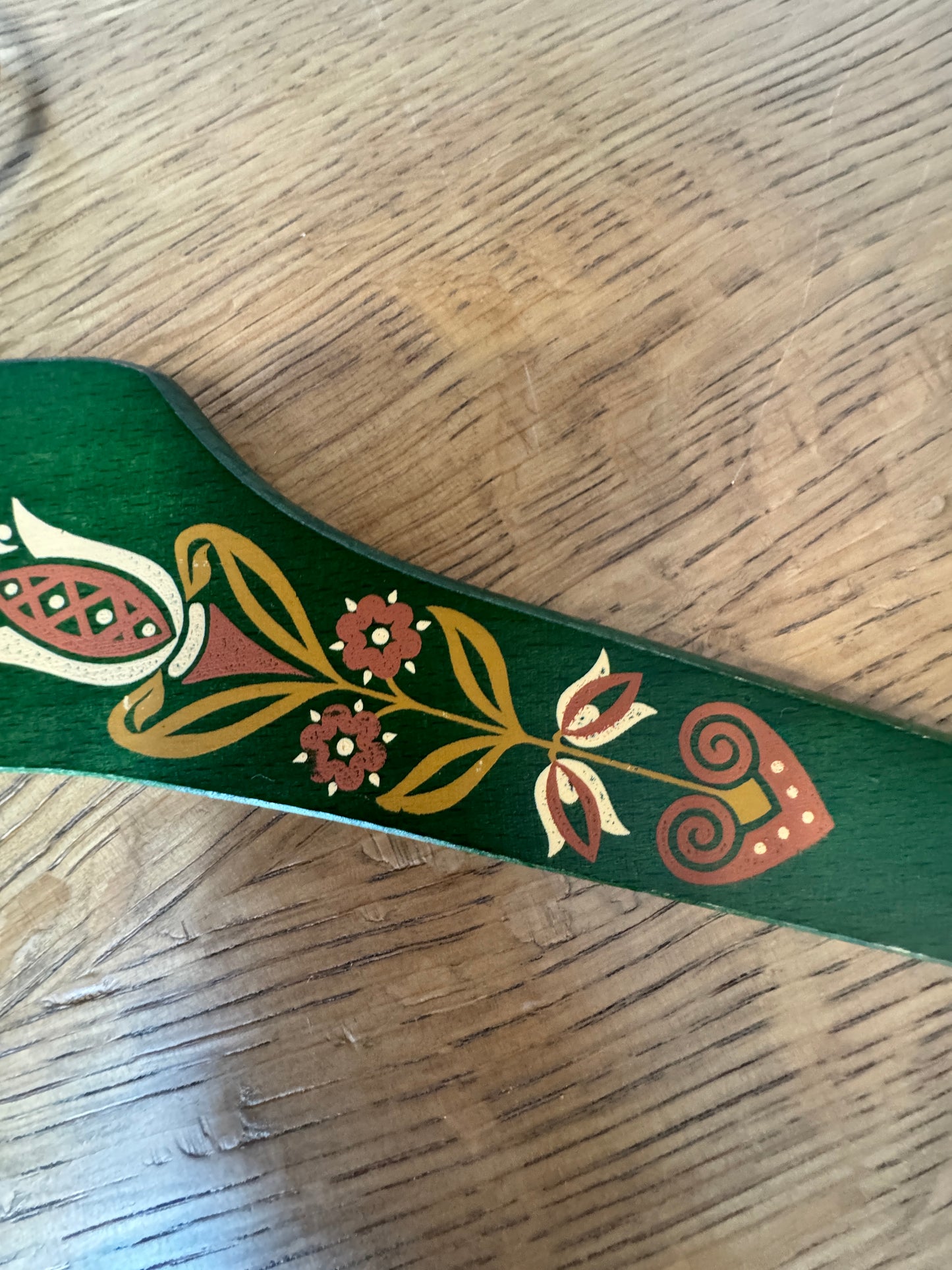 Hand-Painted Wooden Folk Art Hanger – Green Floral Tulip Design – 17"