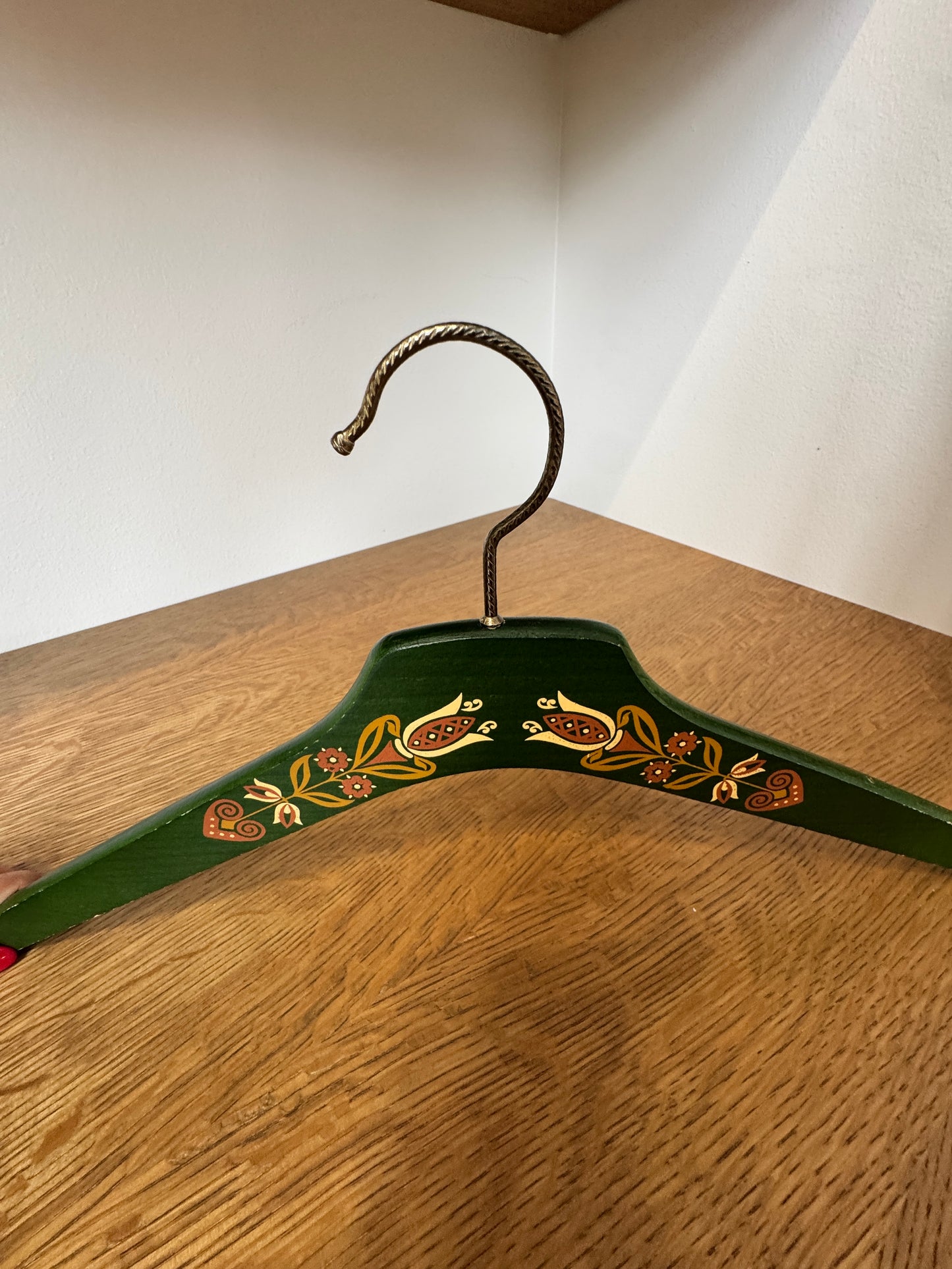 Hand-Painted Wooden Folk Art Hanger – Green Floral Tulip Design – 17"