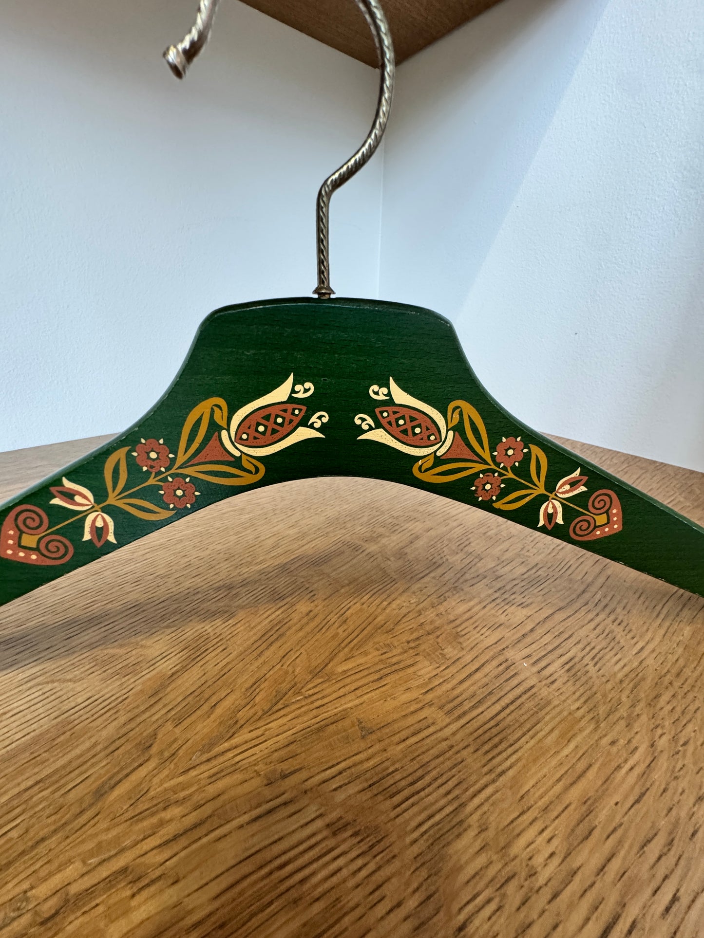 Hand-Painted Wooden Folk Art Hanger – Green Floral Tulip Design – 17"