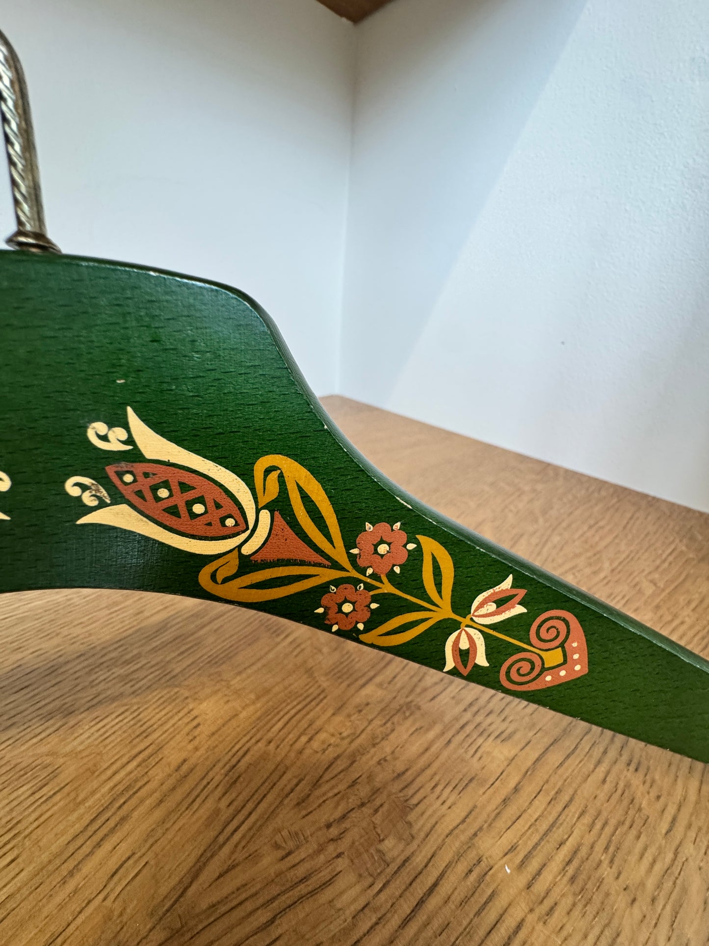 Hand-Painted Wooden Folk Art Hanger – Green Floral Tulip Design – 17"