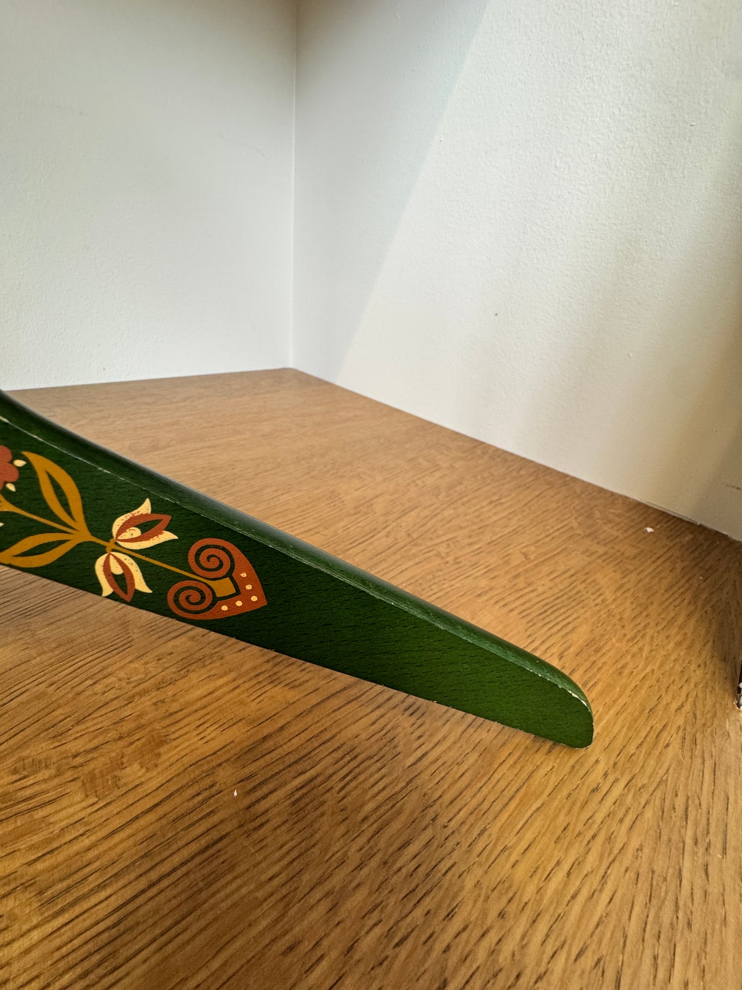 Hand-Painted Wooden Folk Art Hanger – Green Floral Tulip Design – 17"