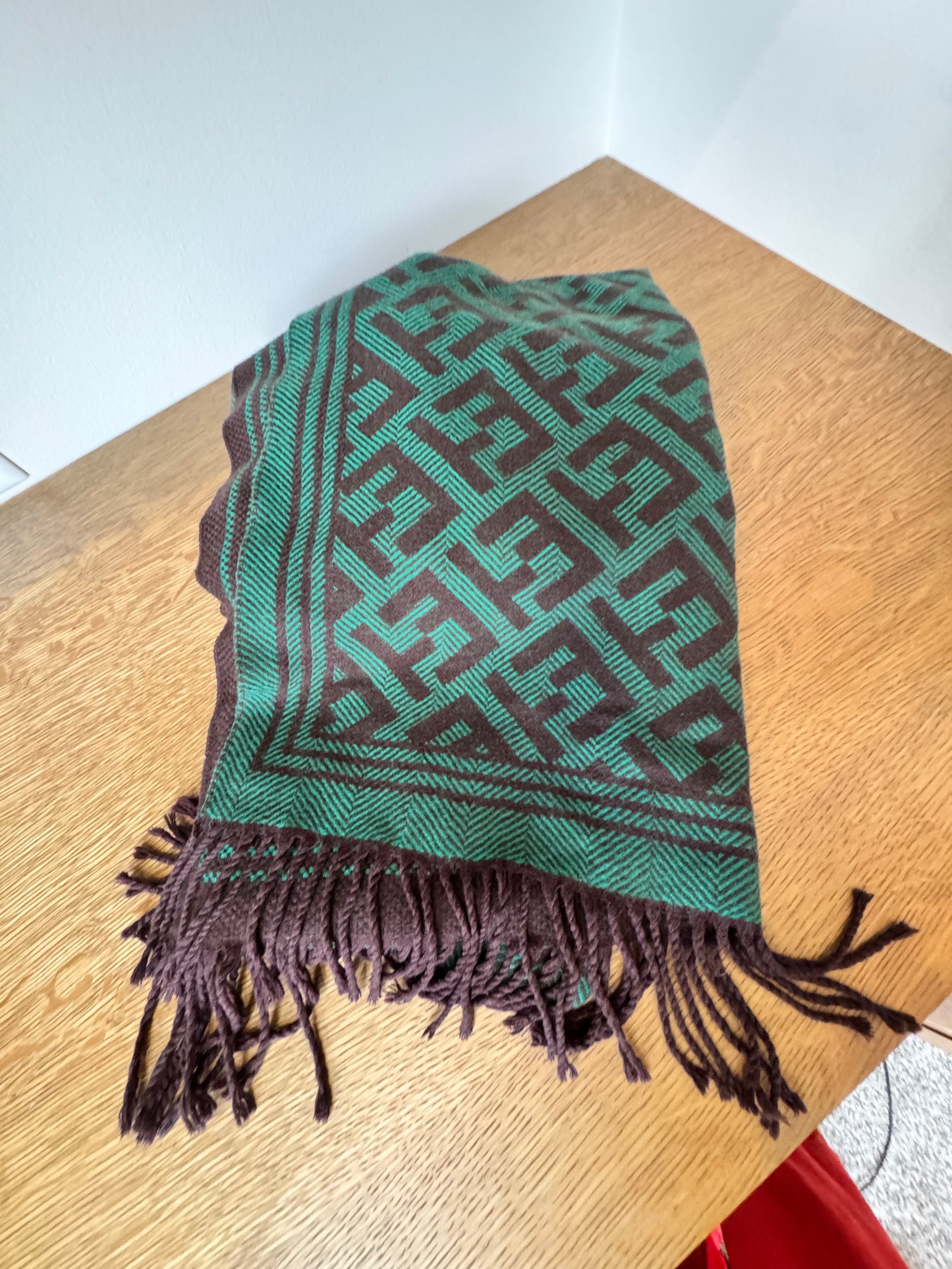Geometric Virgin Wool Shawl - Emerald & Espresso, 26" x 68"