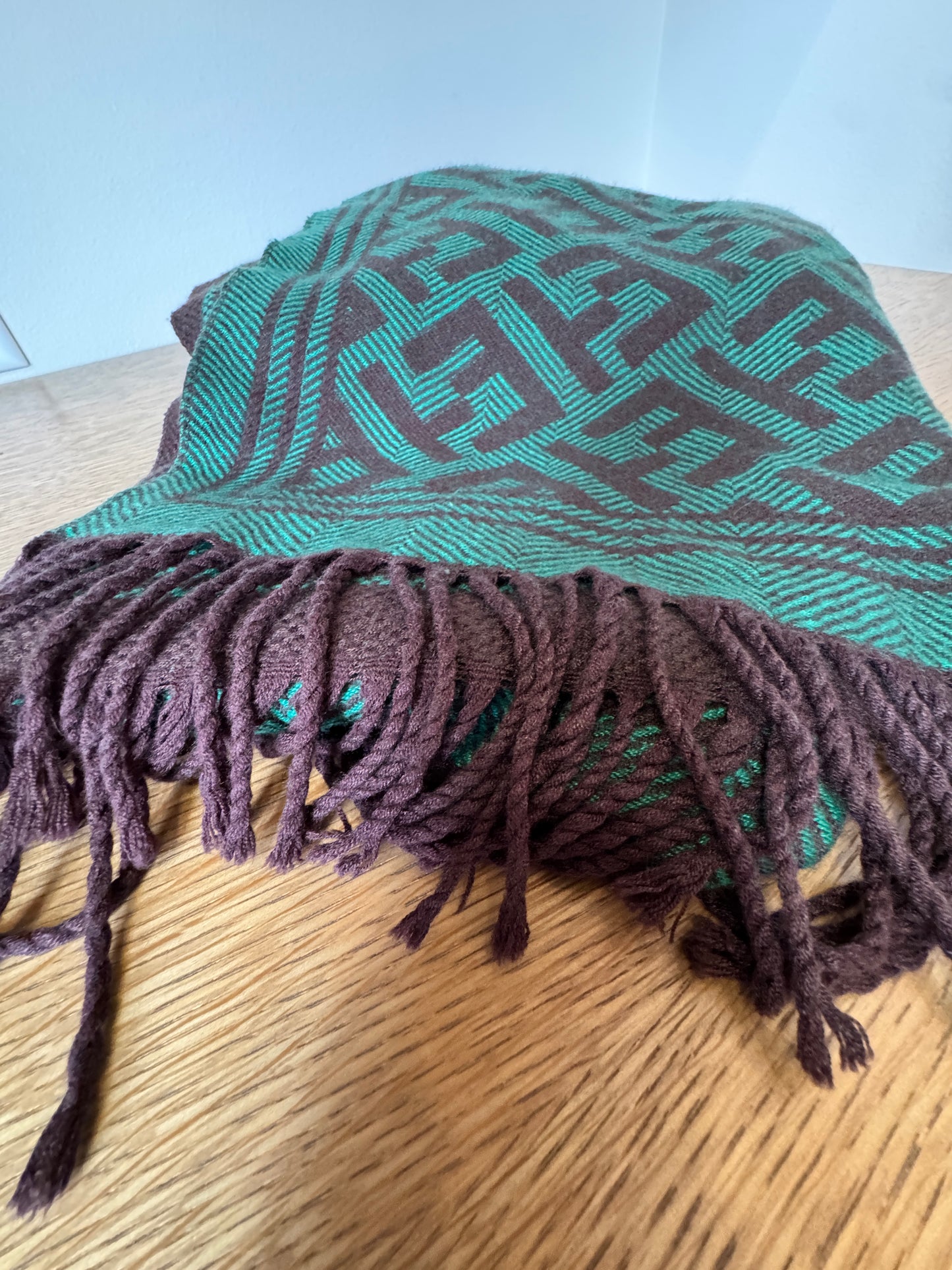 Geometric Virgin Wool Shawl - Emerald & Espresso, 26" x 68"