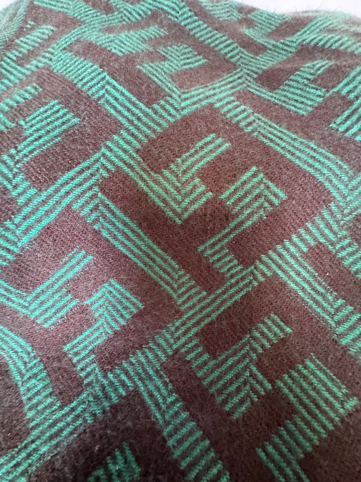 Geometric Virgin Wool Shawl - Emerald & Espresso, 26" x 68"
