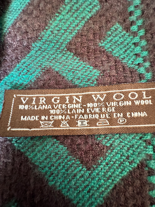 Geometric Virgin Wool Shawl - Emerald & Espresso, 26" x 68"