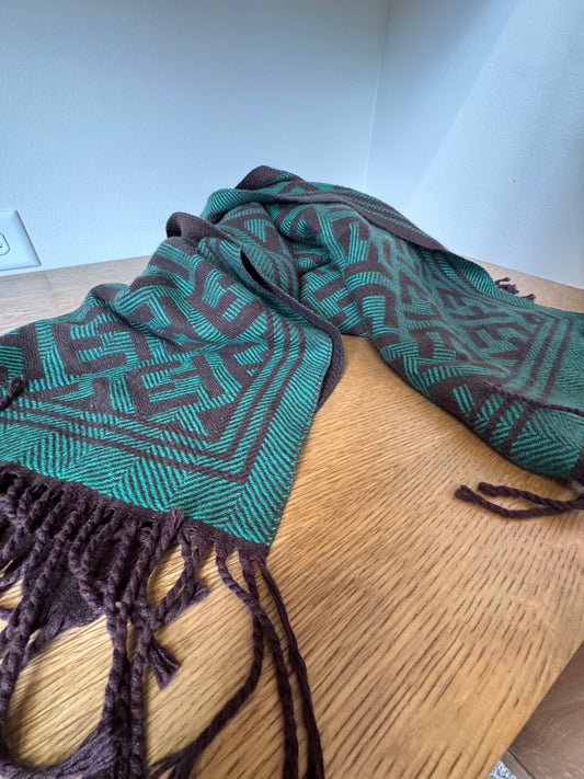 Geometric Virgin Wool Shawl - Emerald & Espresso, 26" x 68"