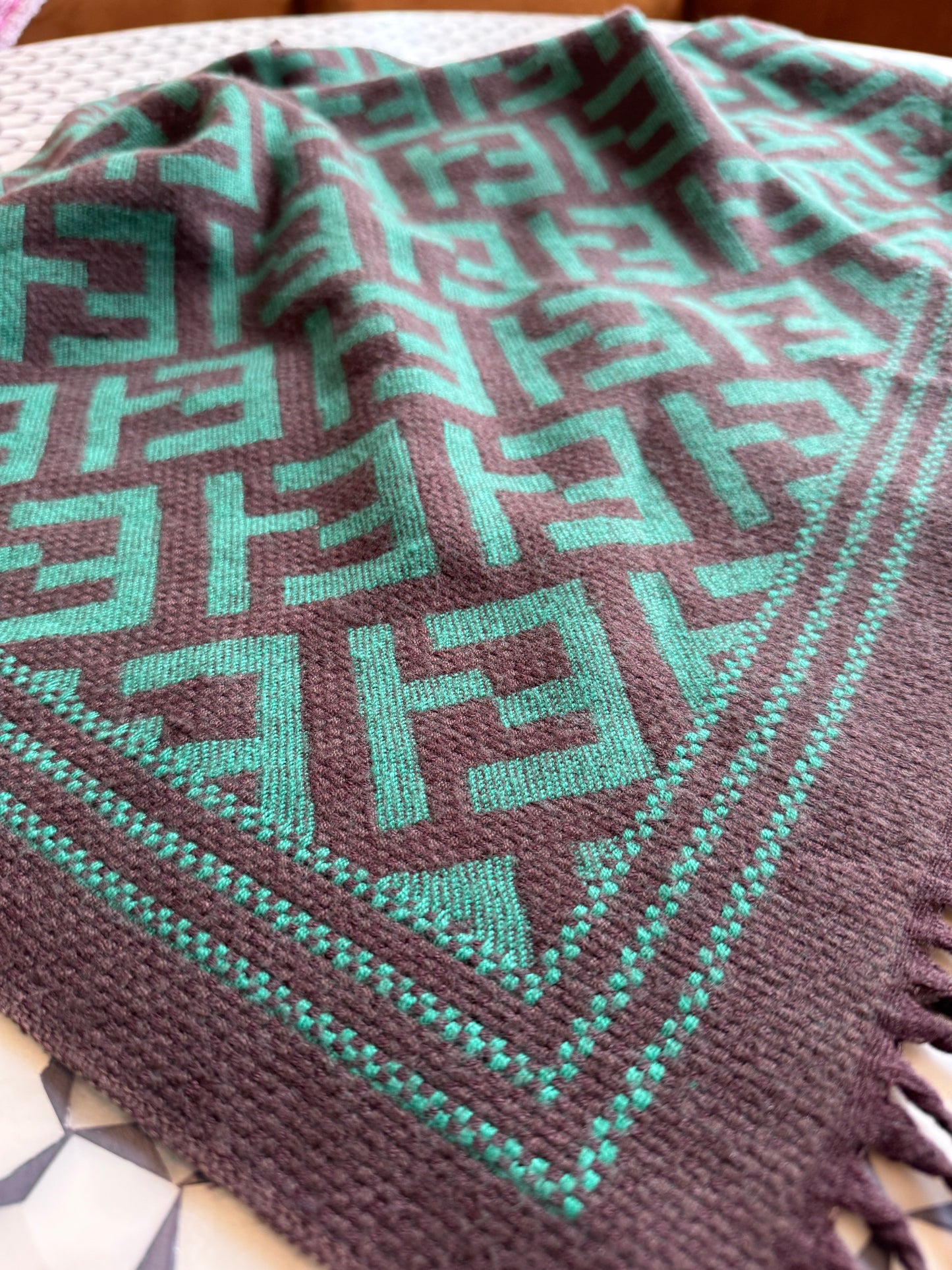 Geometric Virgin Wool Shawl - Emerald & Espresso, 26" x 68"