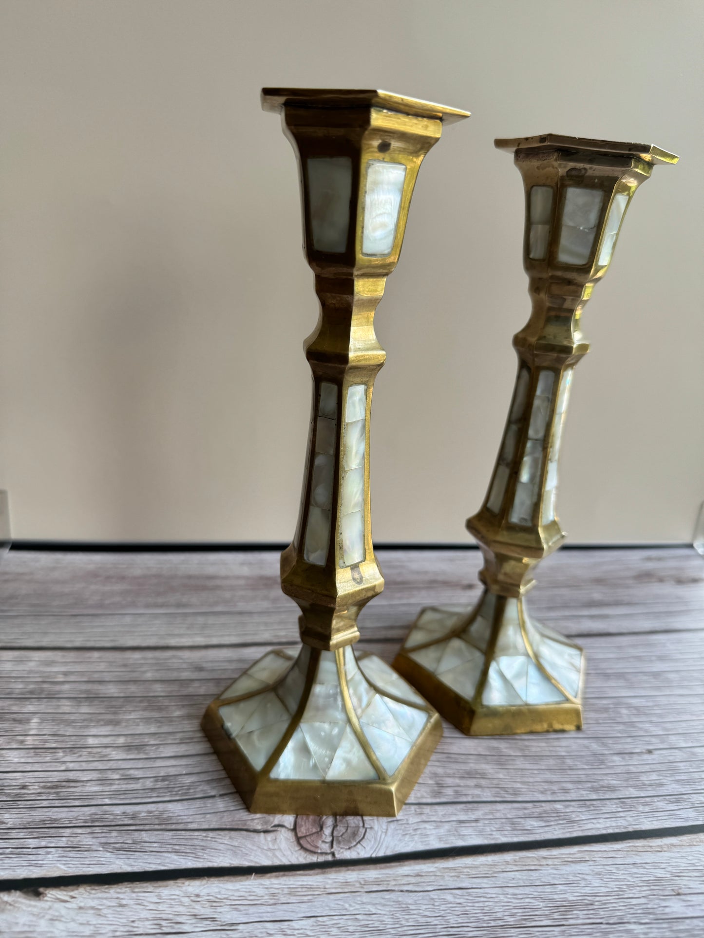 Mother-of-Pearl & Brass Candlestick Pair – 1970s–1990s