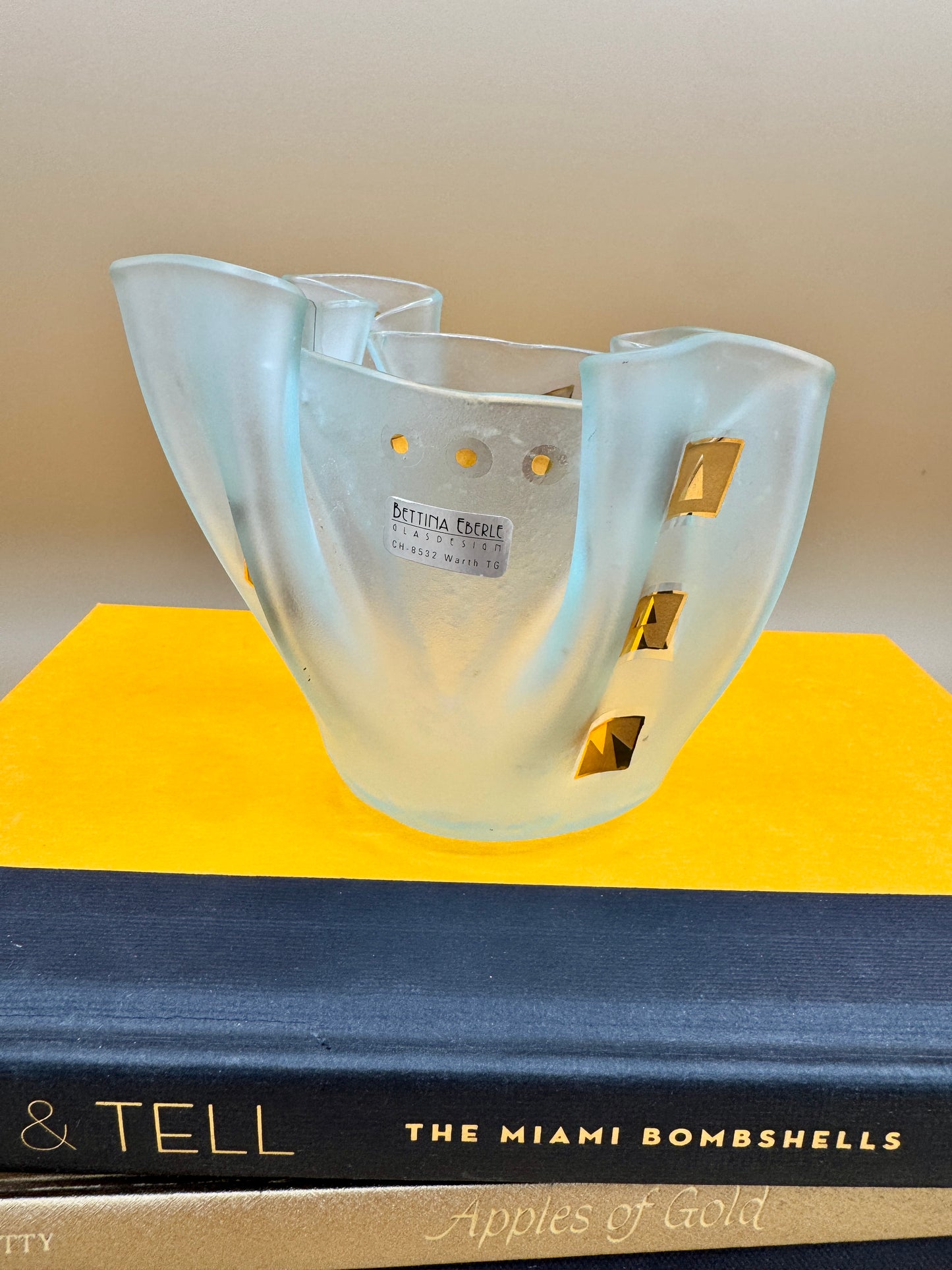 Bettina Eberle Swiss Glass Vase – Frosted Art Glass with Gold Accents, Signed GlasDesign