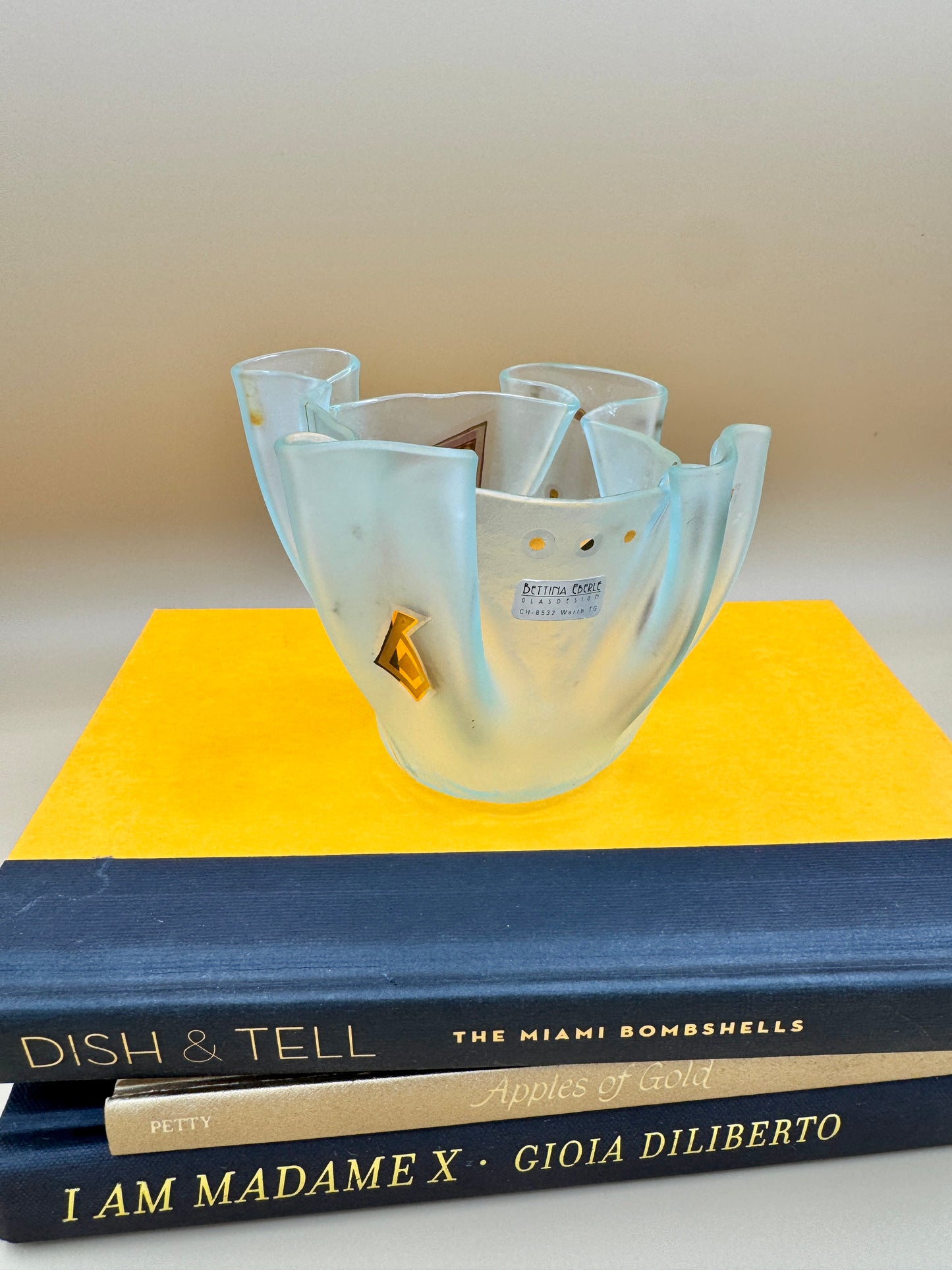 Bettina Eberle Swiss Glass Vase – Frosted Art Glass with Gold Accents, Signed GlasDesign