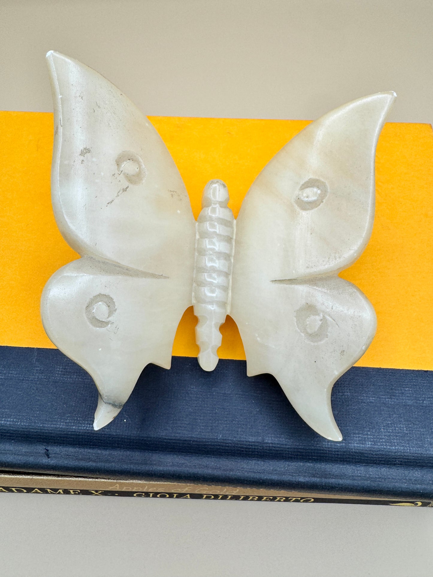 Vintage Alabaster Butterfly Figurine – Carved Stone Accent with Natural Wear