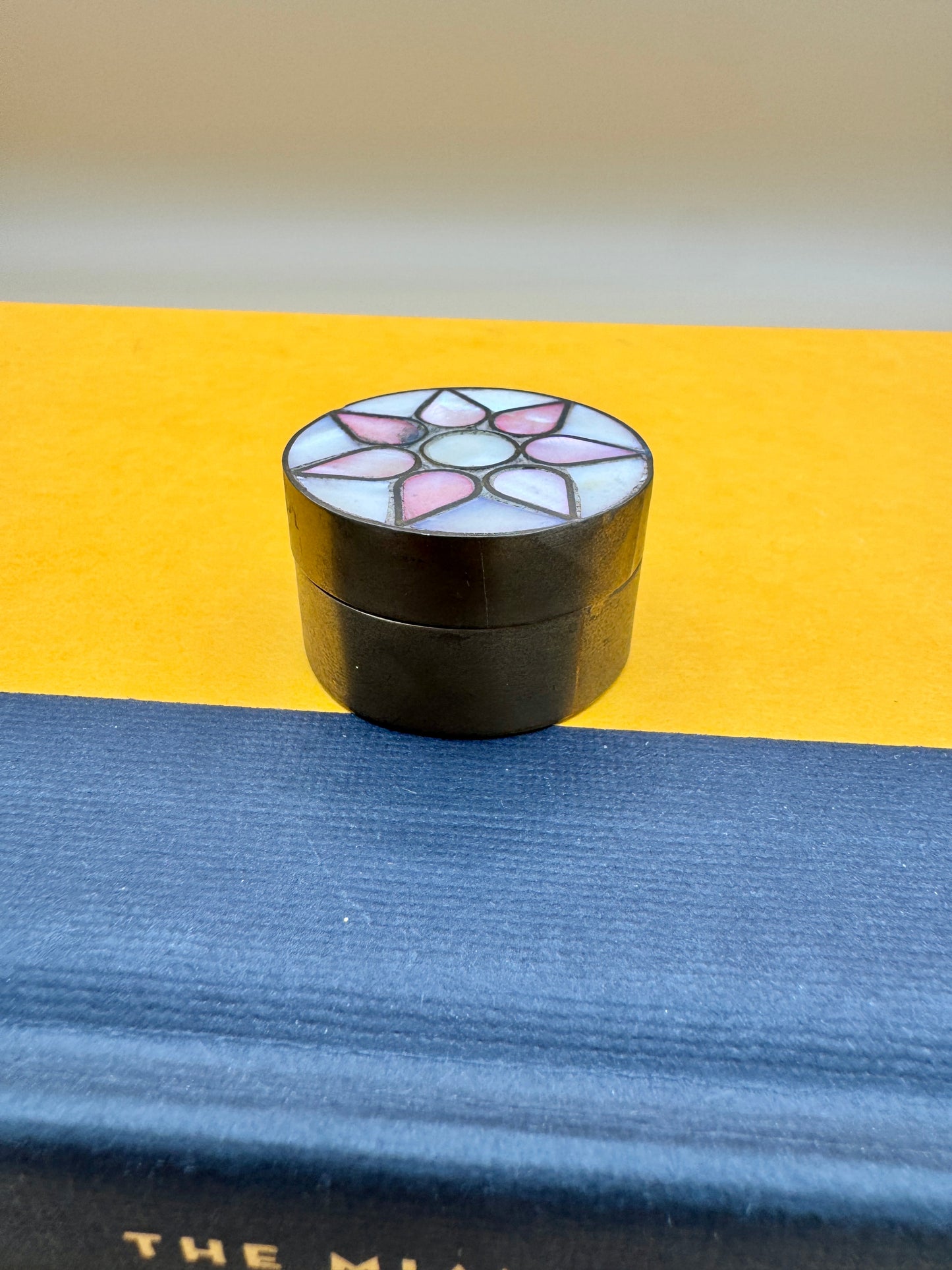 Vintage Brass Pill Box with Mother of Pearl Inlay – Small Trinket Box, 1.5”