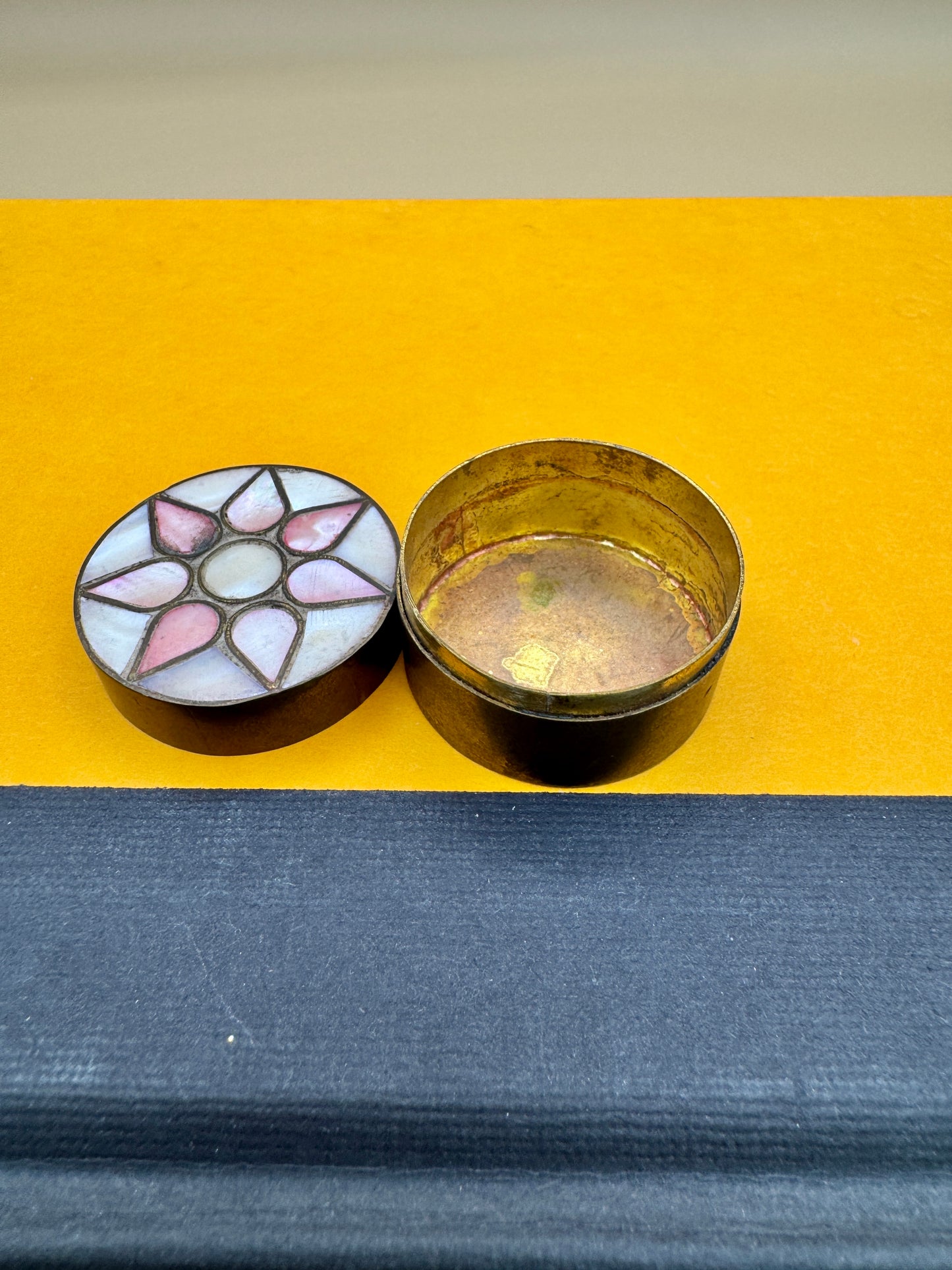 Vintage Brass Pill Box with Mother of Pearl Inlay – Small Trinket Box, 1.5”