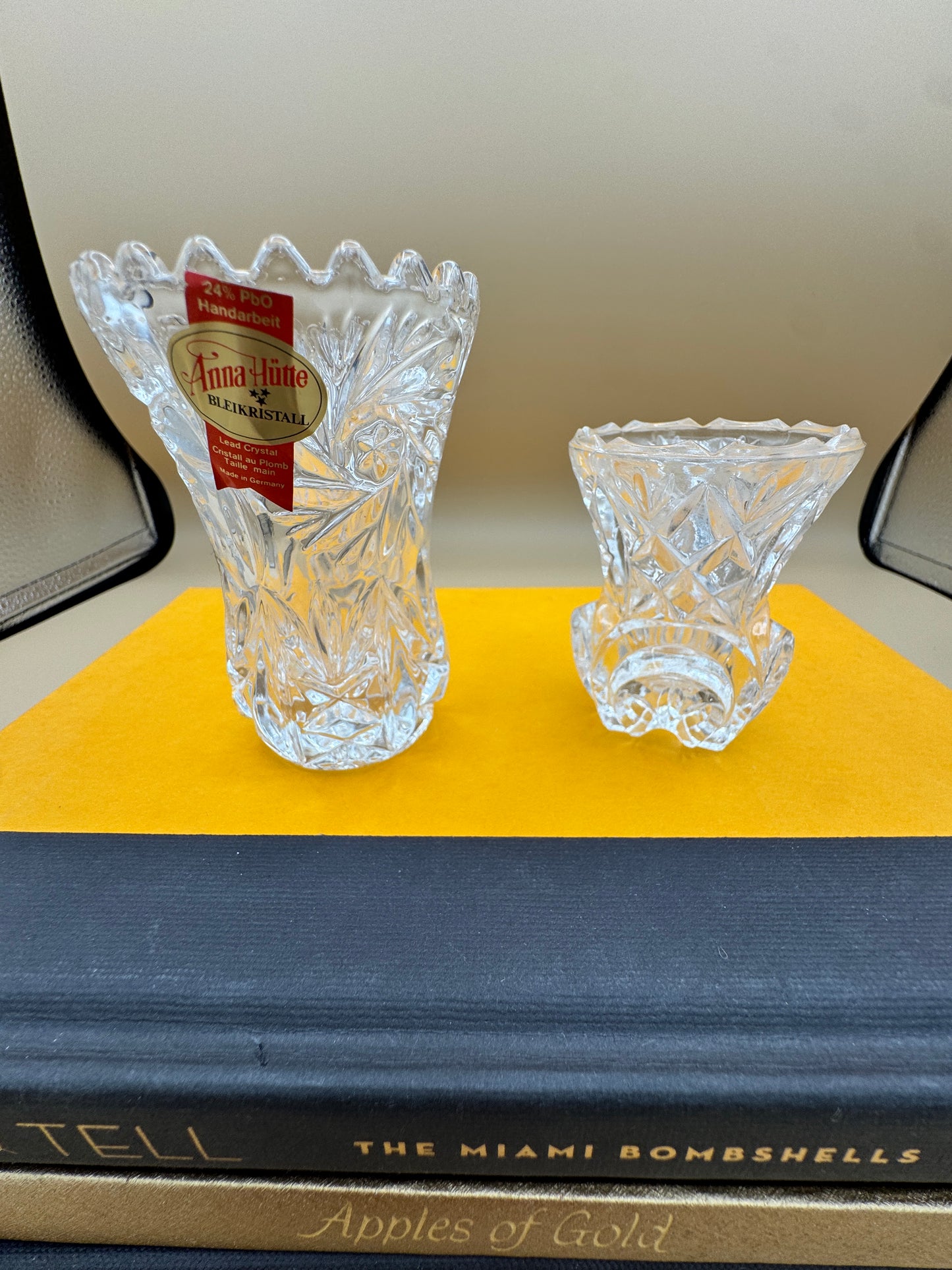 Pair of Crystal Toothpick Holders – Anna Hutton Bleikristall 24% Lead Crystal + Unmarked Pressed Crystal