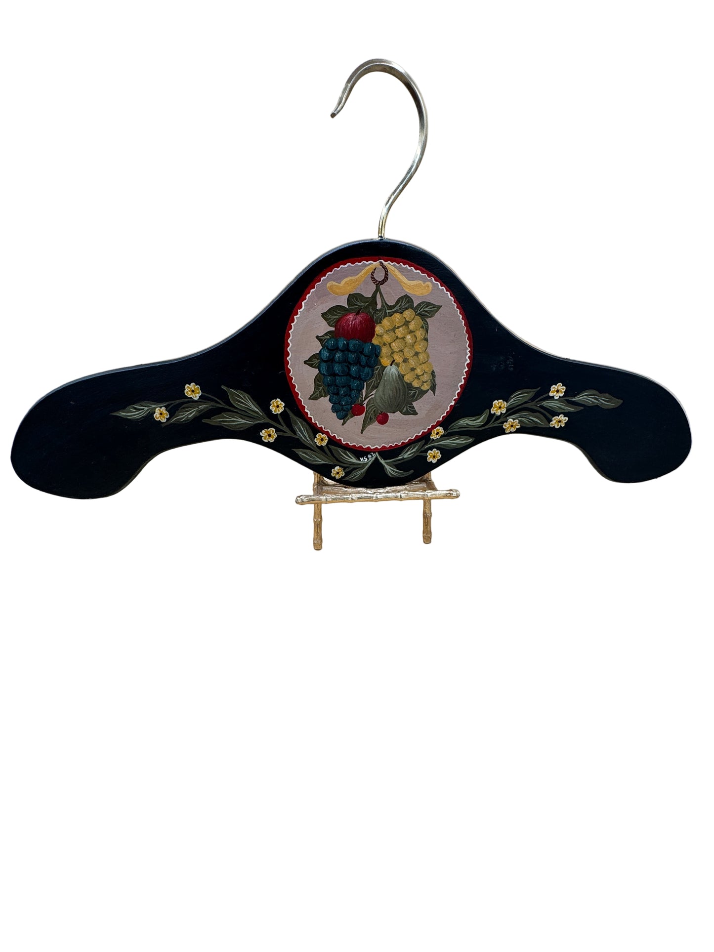 Hand-Painted Wooden Hanger with Fruit and Floral Design – Signed HS 1982
