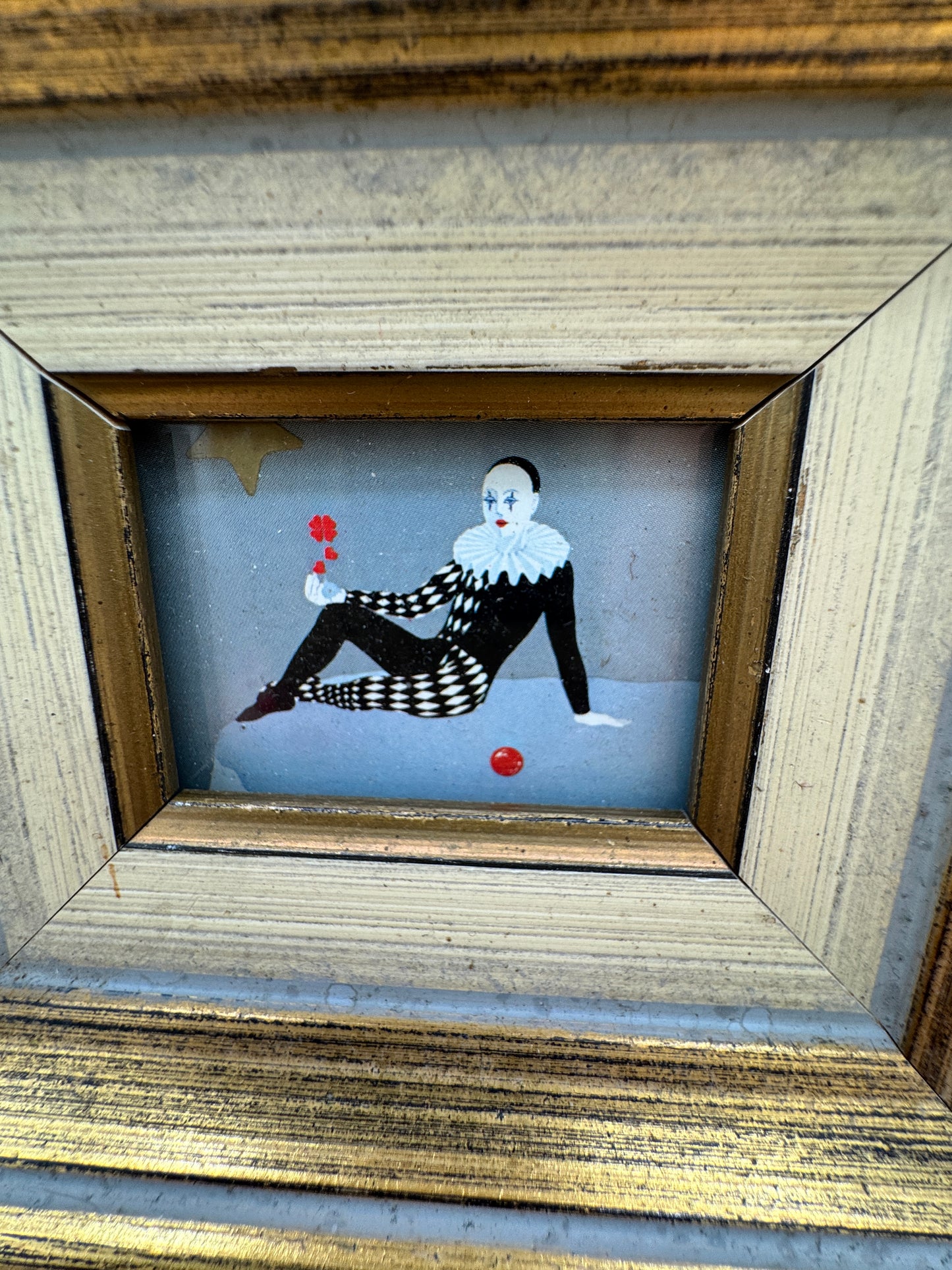 Framed Harlequin Pierrot Print by Eva Müller-Rudolf (Typed Label) – Small Theatrical Wall Art (4.5” x 4”)