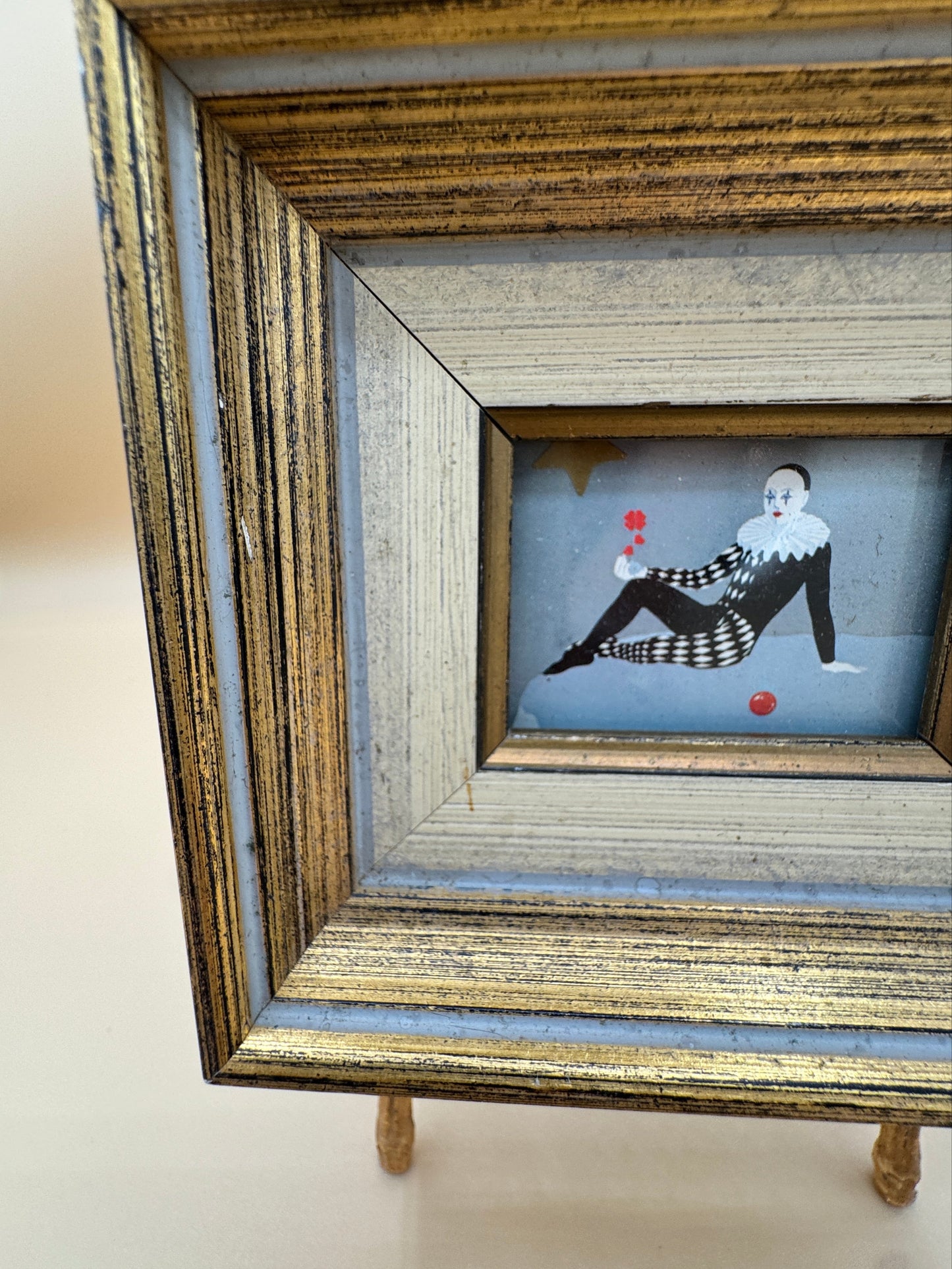 Framed Harlequin Pierrot Print by Eva Müller-Rudolf (Typed Label) – Small Theatrical Wall Art (4.5” x 4”)