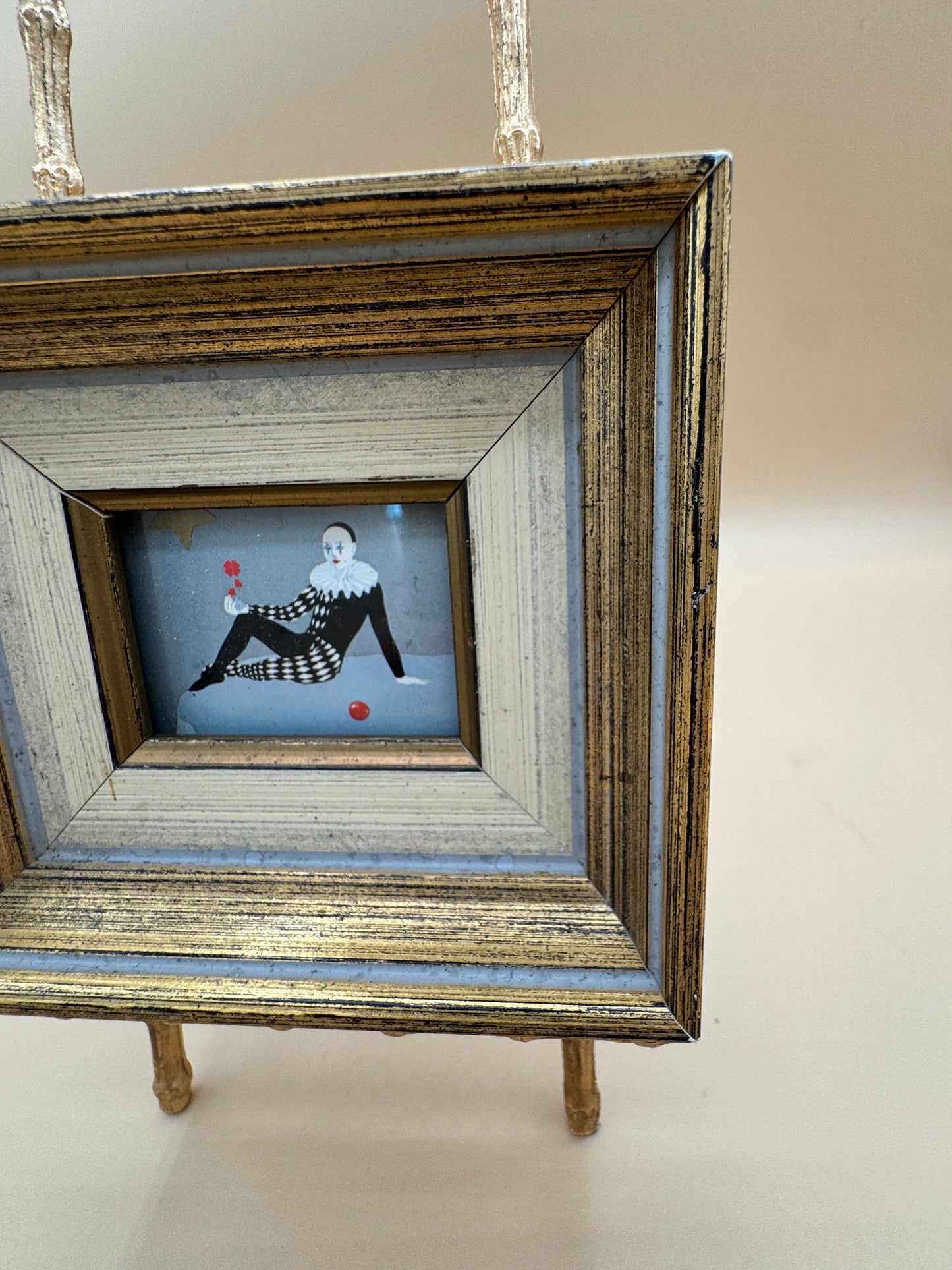 Framed Harlequin Pierrot Print by Eva Müller-Rudolf (Typed Label) – Small Theatrical Wall Art (4.5” x 4”)