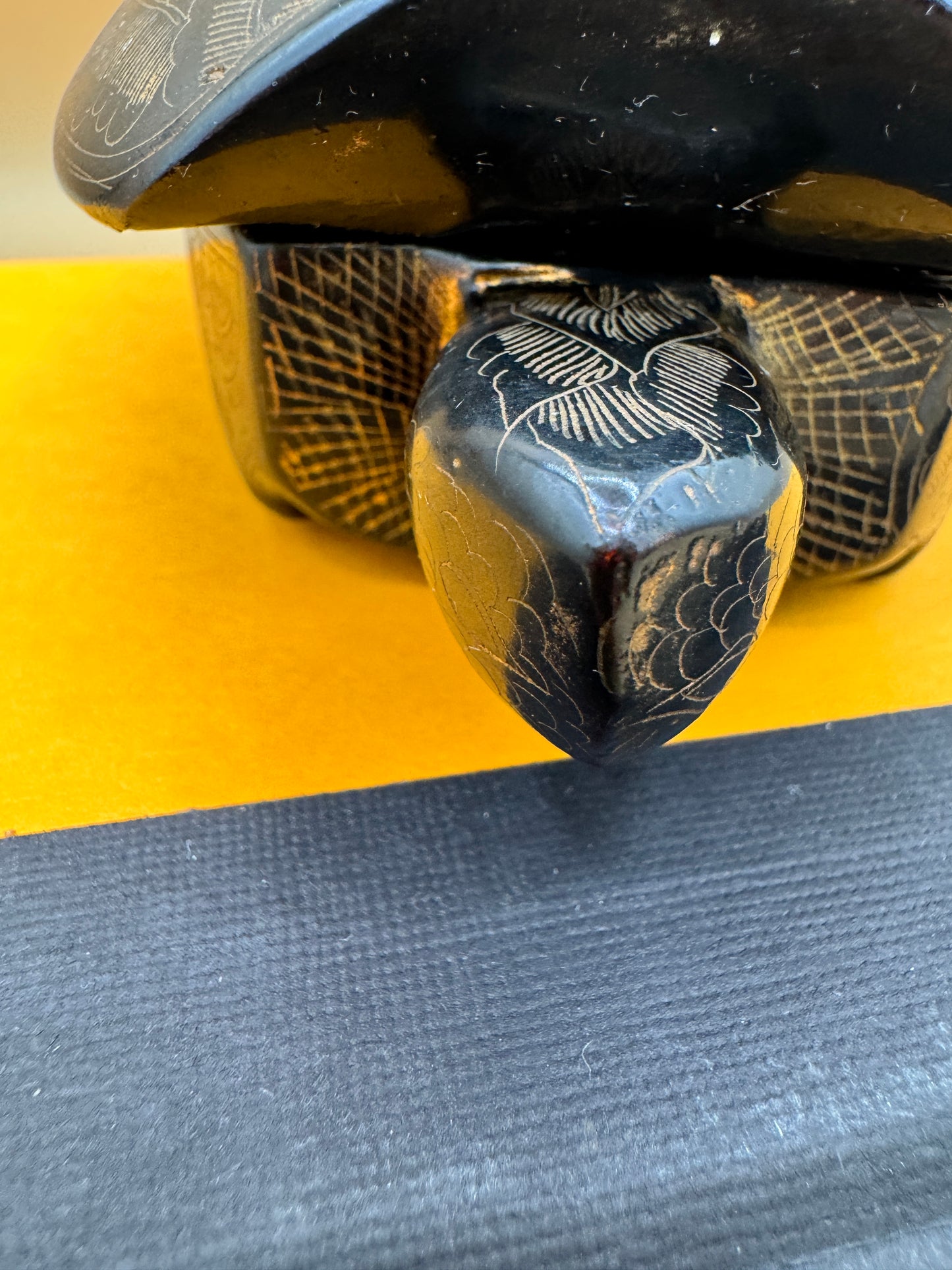 Hand-Carved Black Lacquer Turtle Trinket Box with Floral Etching – 8”