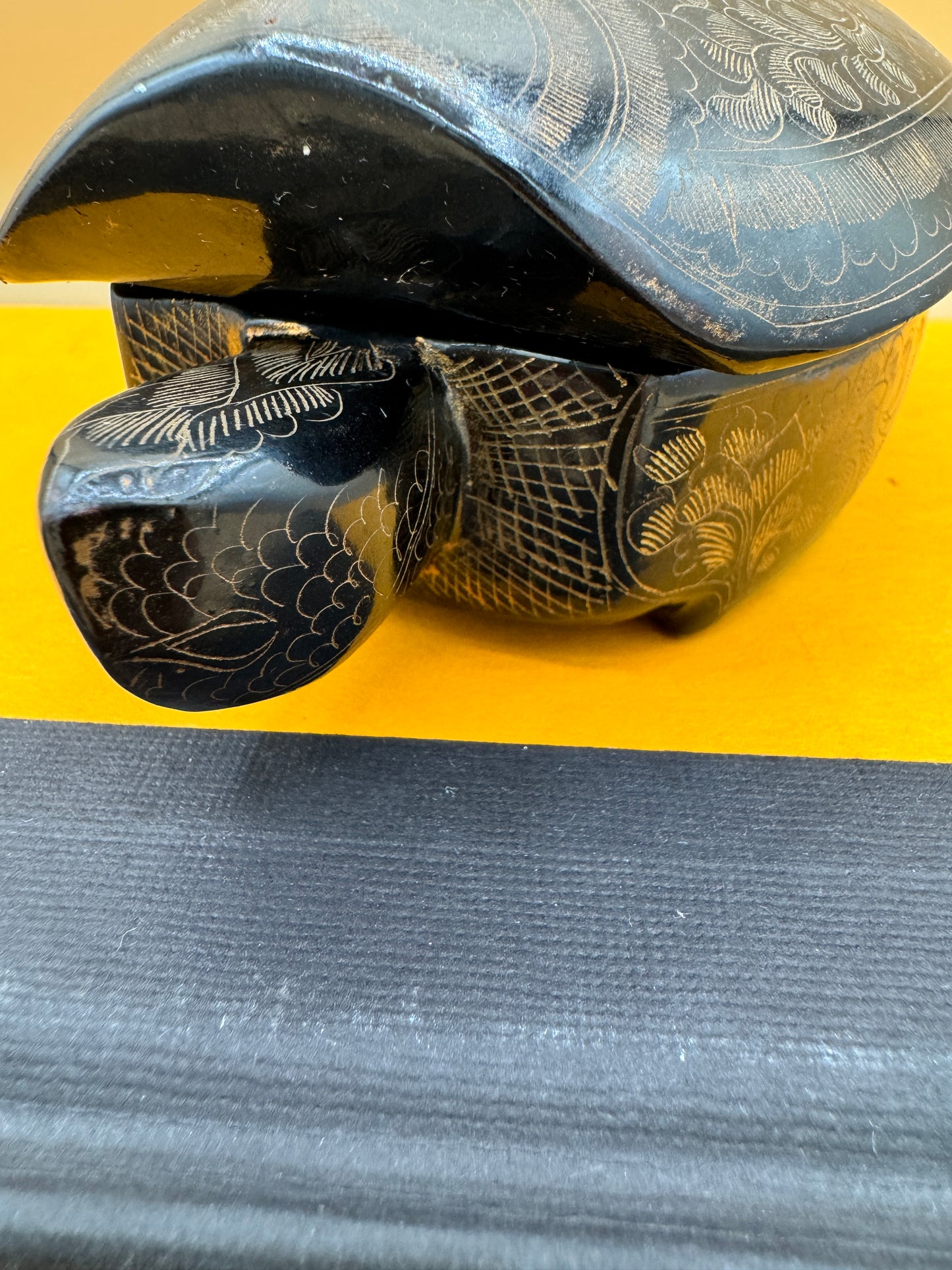 Hand-Carved Black Lacquer Turtle Trinket Box with Floral Etching – 8”