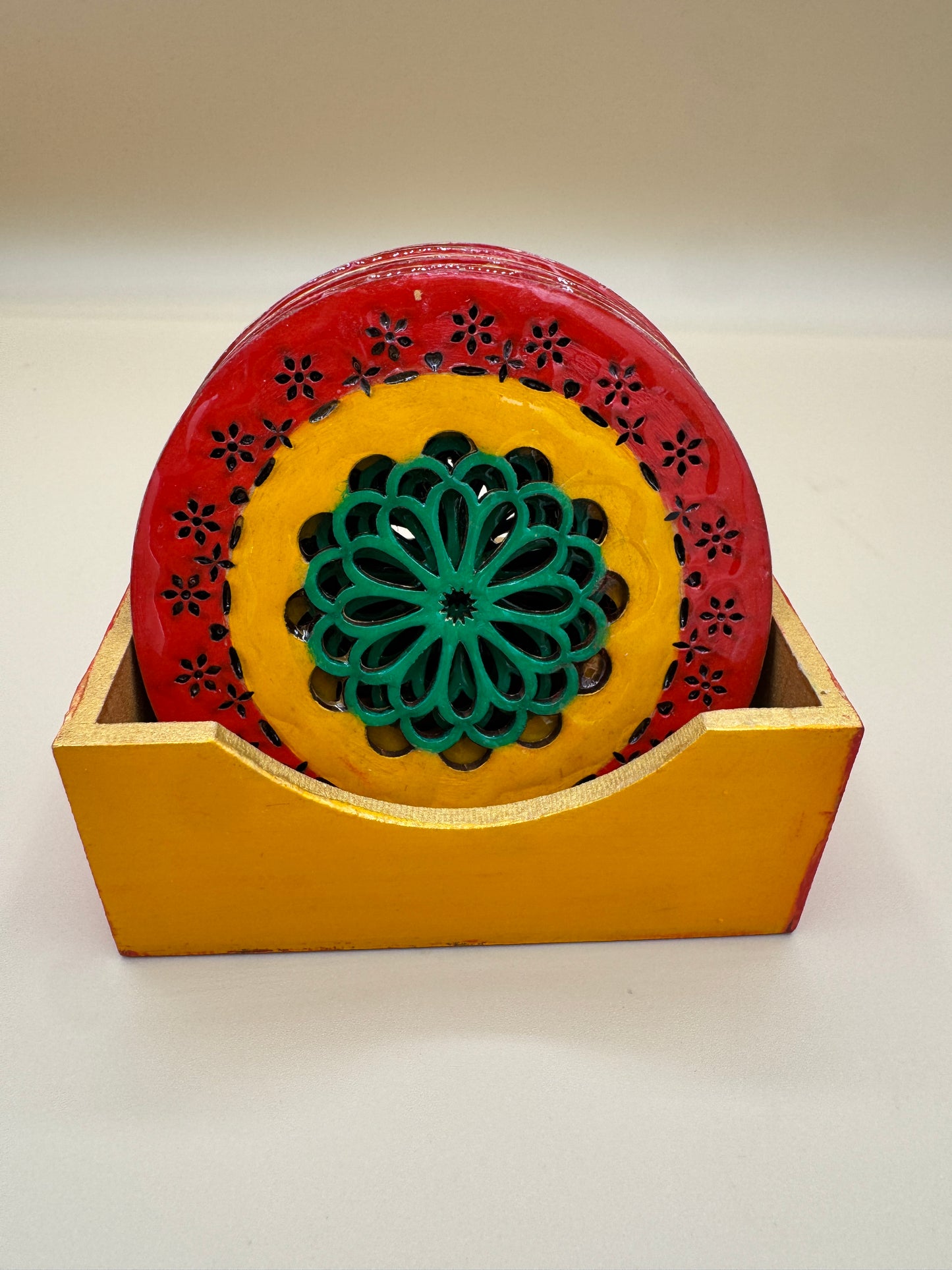 Wooden Laser Cut Coaster Set with Holder – 6 Pieces