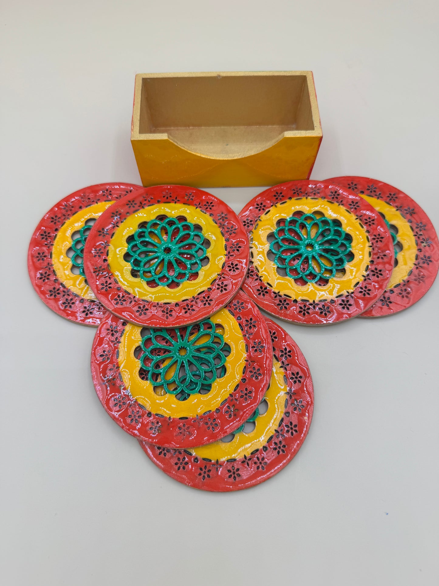 Wooden Laser Cut Coaster Set with Holder – 6 Pieces