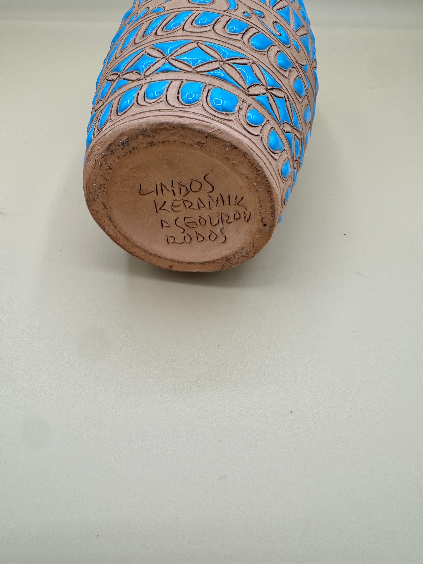 Handmade Greek Vase by Lindos Keramik – Blue & Terracotta Pottery from Rhodes, Greece