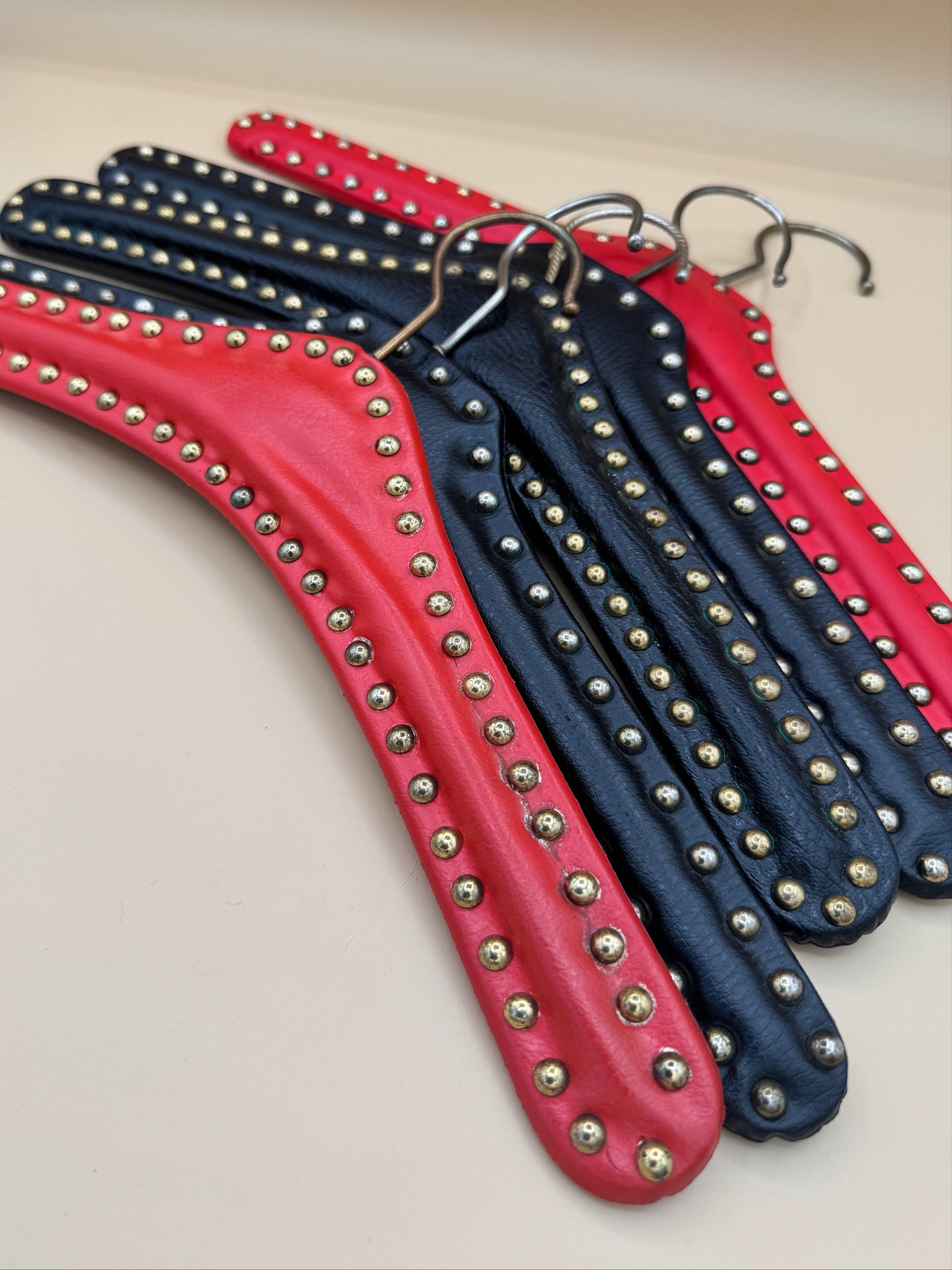 Vintage Studded Faux Leather Hangers – Red, Black & Green (Multiple Sizes)