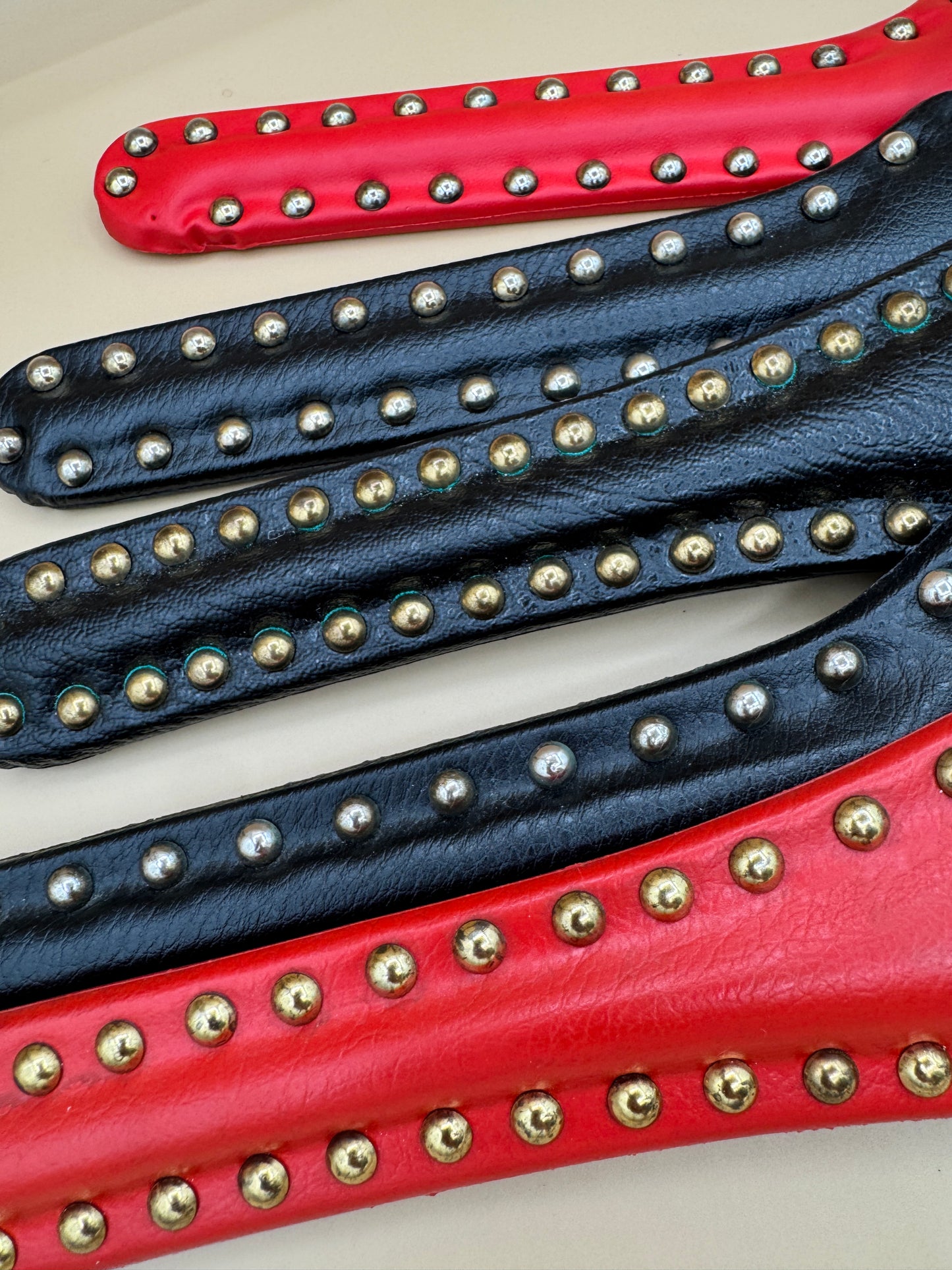 Vintage Studded Faux Leather Hangers – Red, Black & Green (Multiple Sizes)