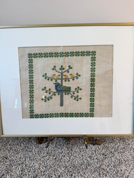 Framed Danish Cross Stitch – 1969 Haandarbejdets Fremme “Birds in Tree” Design