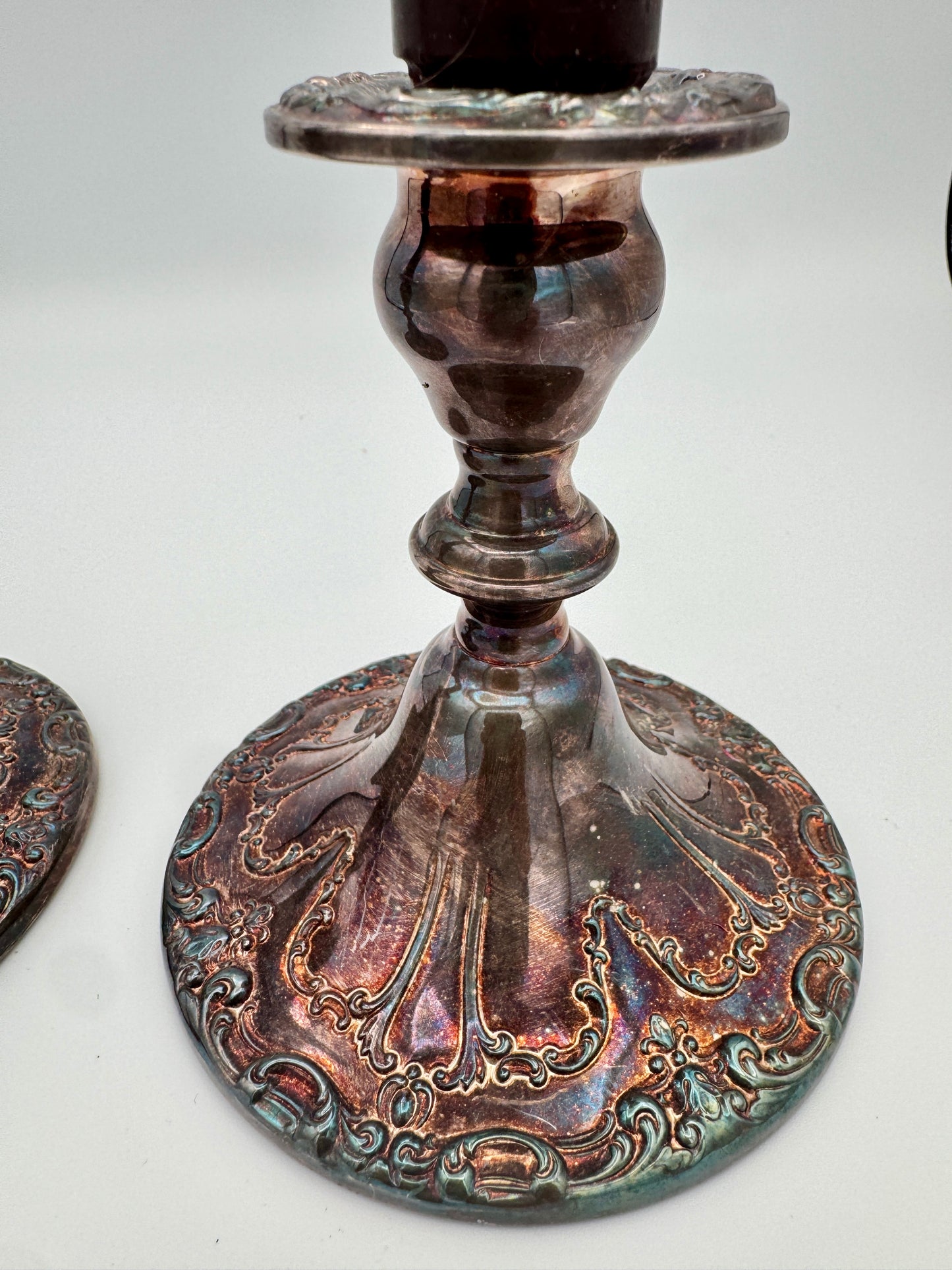 Vintage Gorham “Chantilly” Silver-Plated Candlestick Pair – Mid-Century Scrollwork