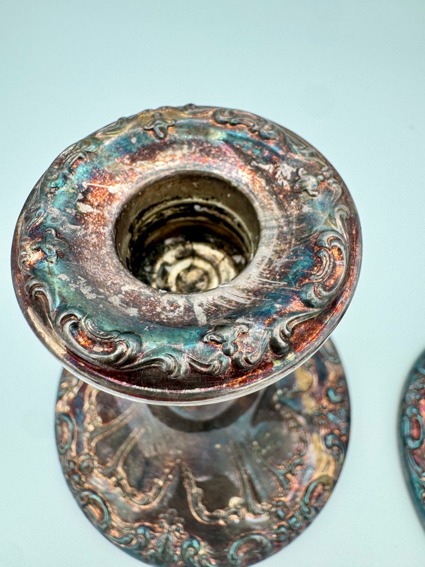 Vintage Gorham “Chantilly” Silver-Plated Candlestick Pair – Mid-Century Scrollwork