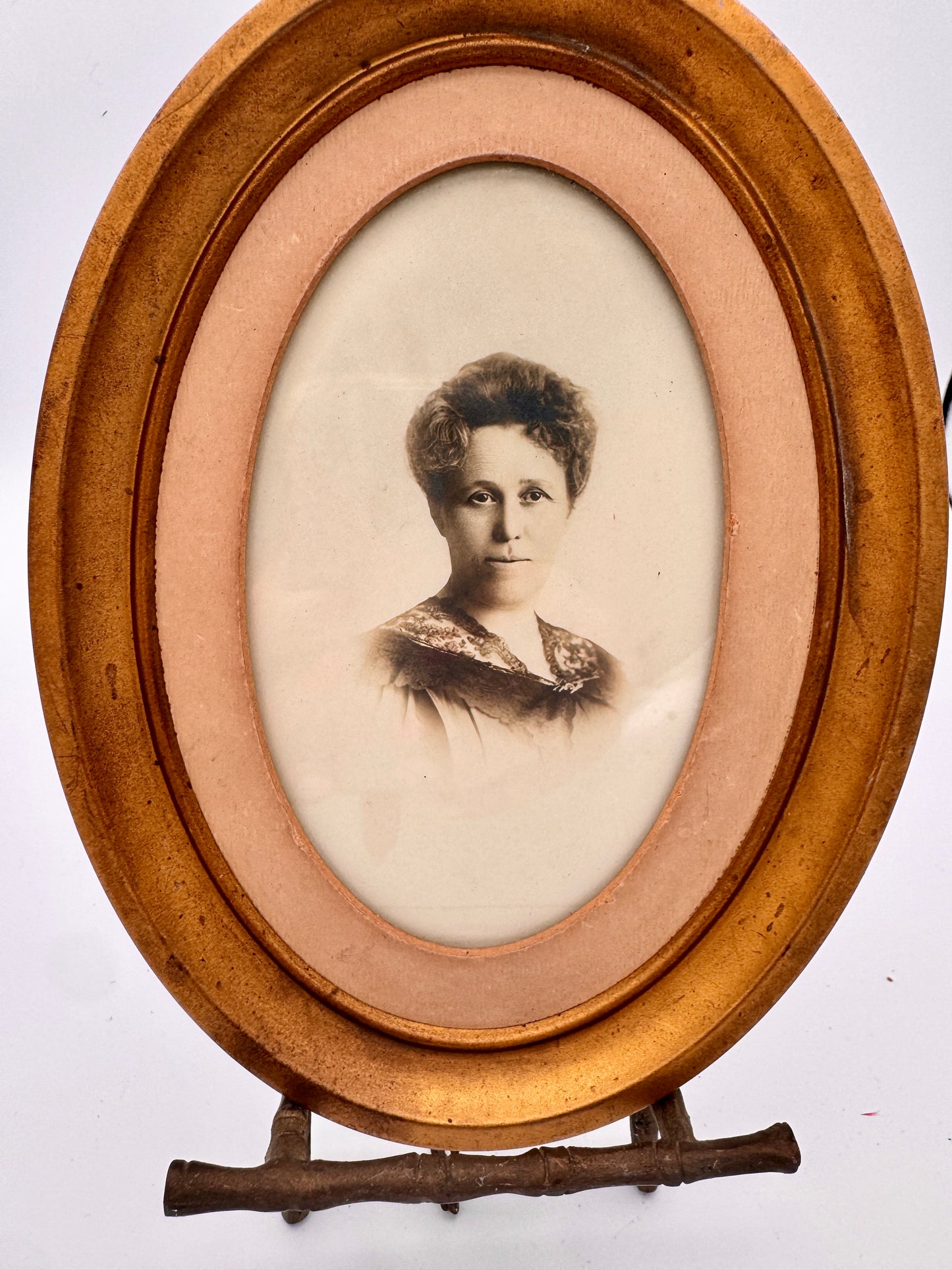 Antique Oval Frame with 1890s Portrait of Carrie Barrell Jennings + Hidden Cupid Lithograph