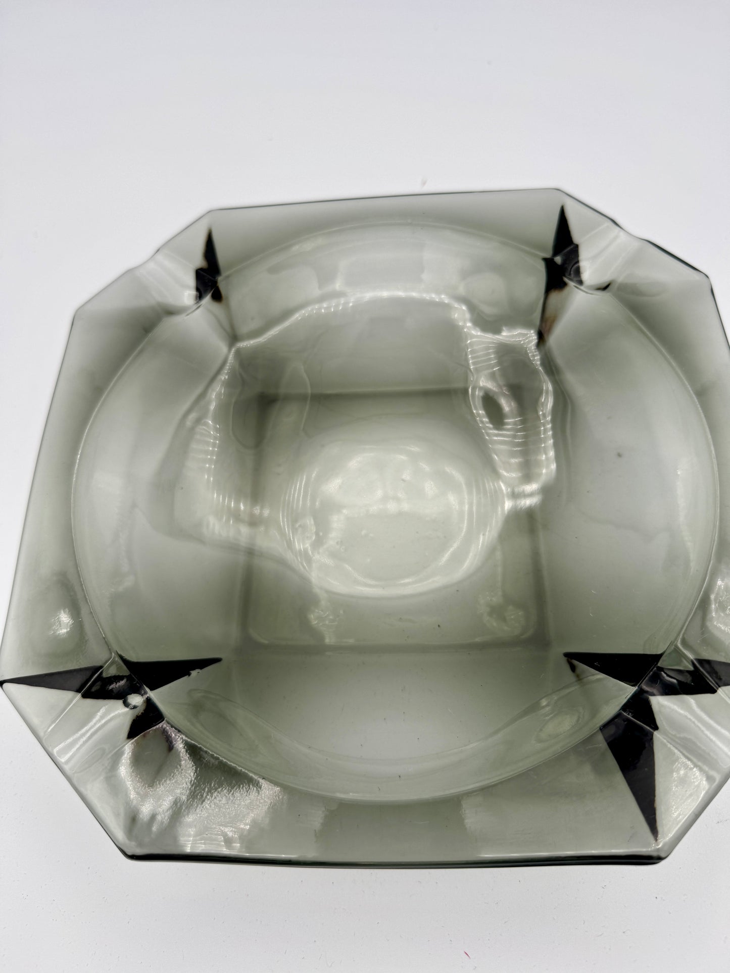 Mid-Century Modern Smoky Grey Glass Ashtray - Heavy Geometric Design (8')