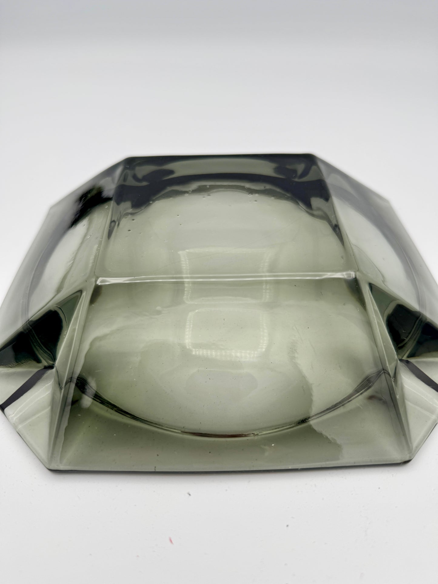 Mid-Century Modern Smoky Grey Glass Ashtray - Heavy Geometric Design (8')