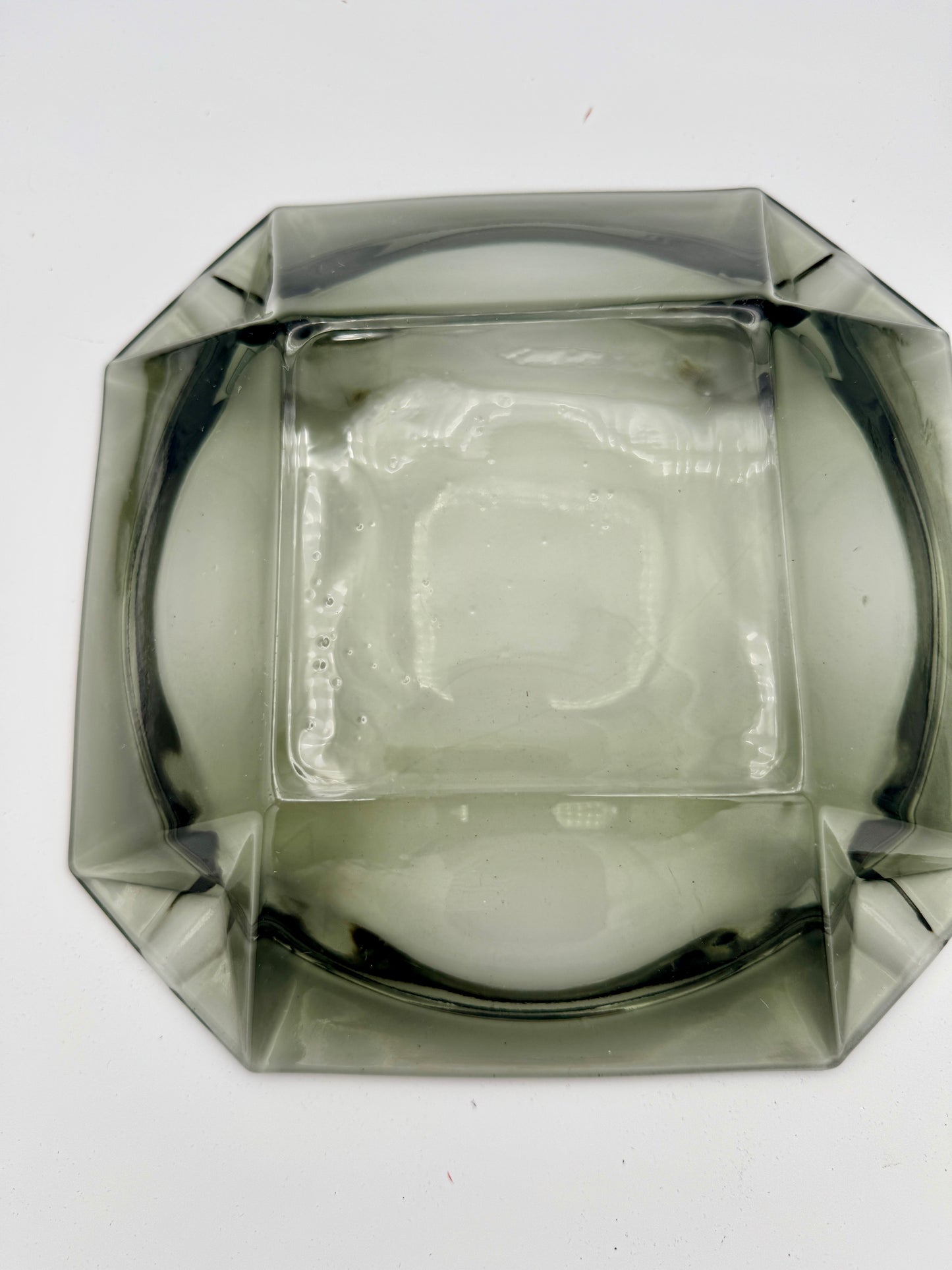 Mid-Century Modern Smoky Grey Glass Ashtray - Heavy Geometric Design (8')