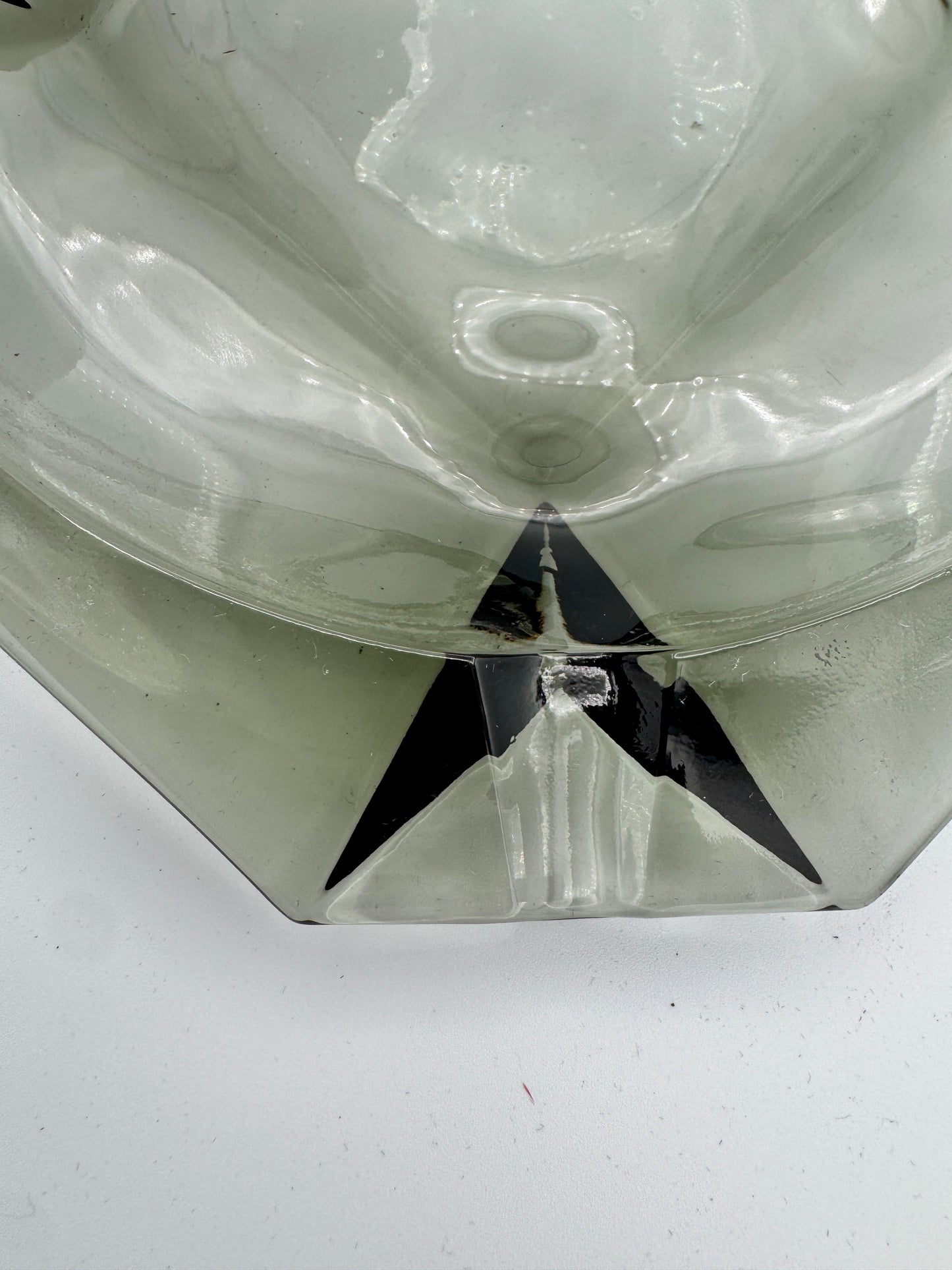 Mid-Century Modern Smoky Grey Glass Ashtray - Heavy Geometric Design (8')