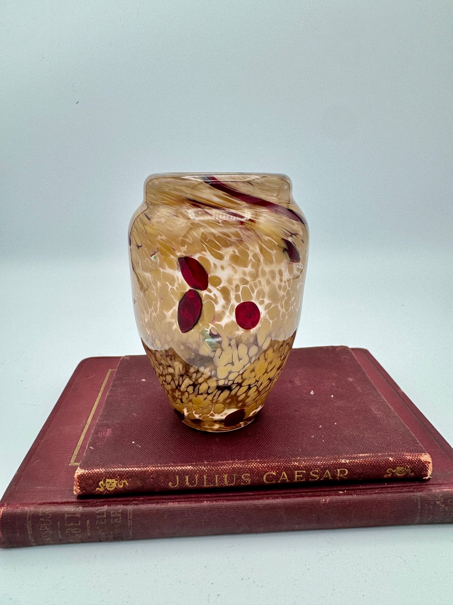 Handblown Art Glass Vase - Amber & Ruby Red Spitted Pattern, 4.5" Studio Glass