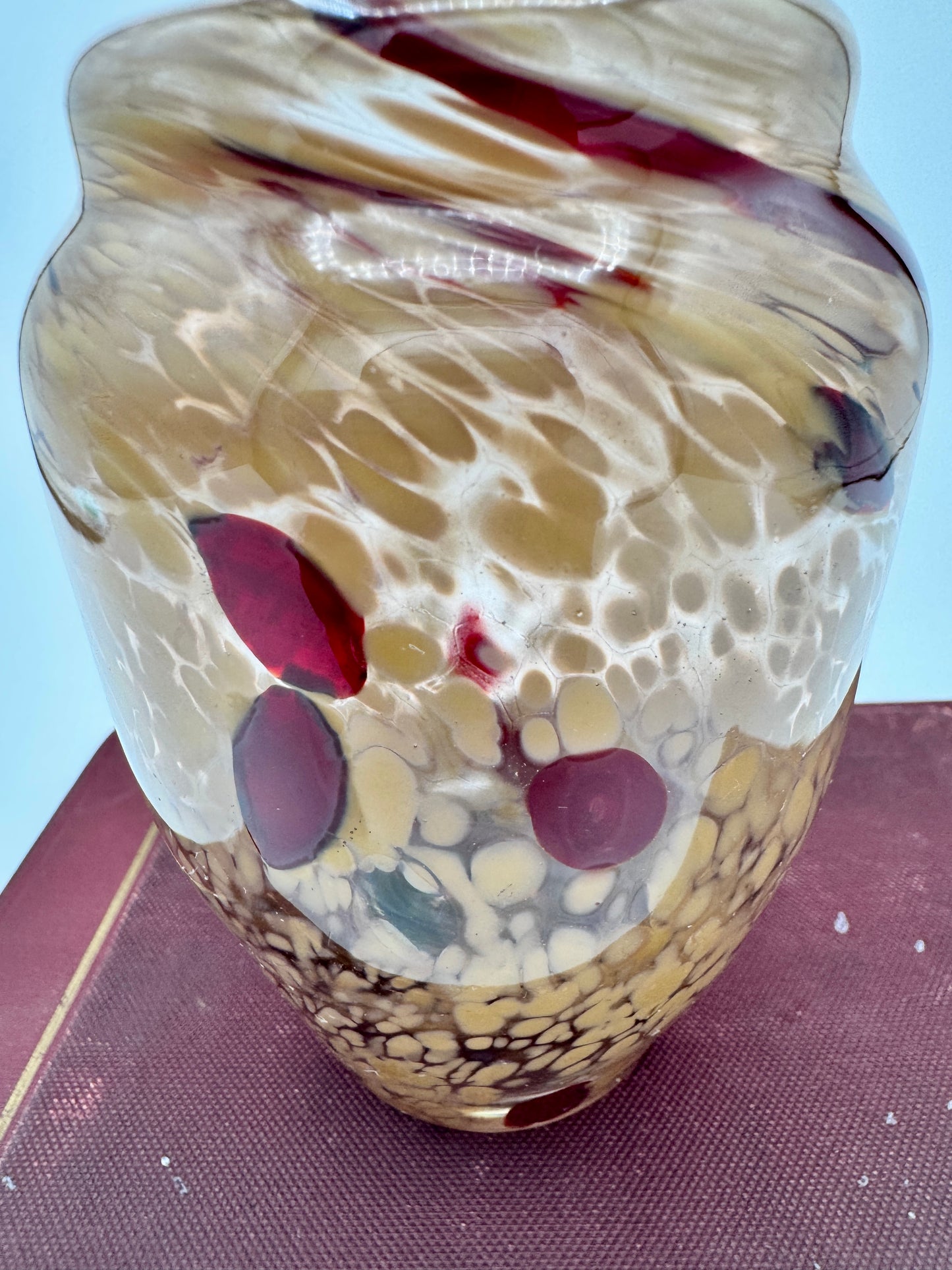 Handblown Art Glass Vase - Amber & Ruby Red Spitted Pattern, 4.5" Studio Glass