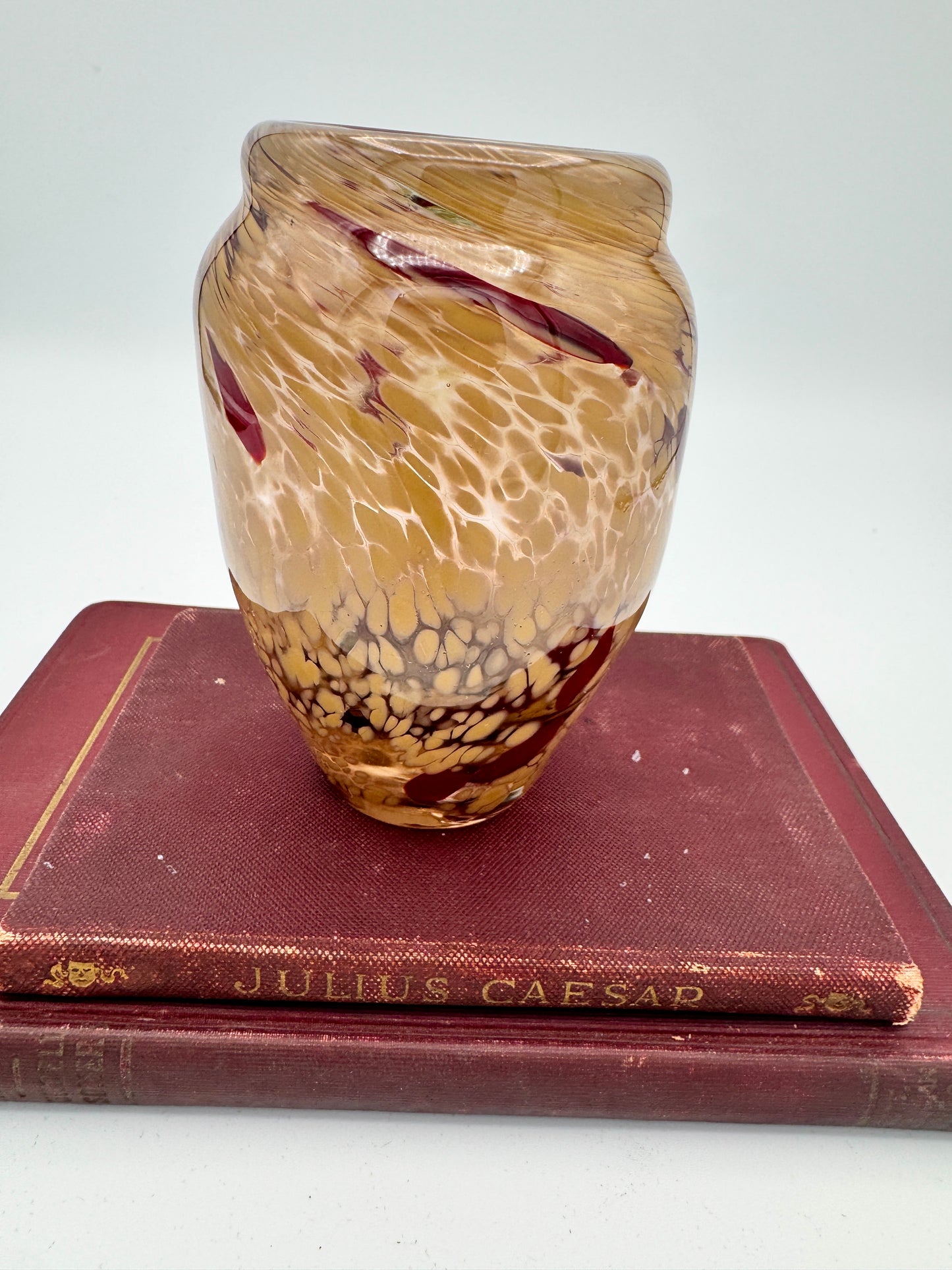 Handblown Art Glass Vase - Amber & Ruby Red Spitted Pattern, 4.5" Studio Glass