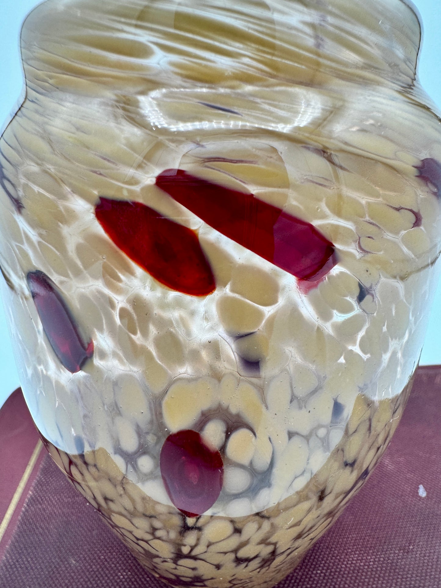 Handblown Art Glass Vase - Amber & Ruby Red Spitted Pattern, 4.5" Studio Glass
