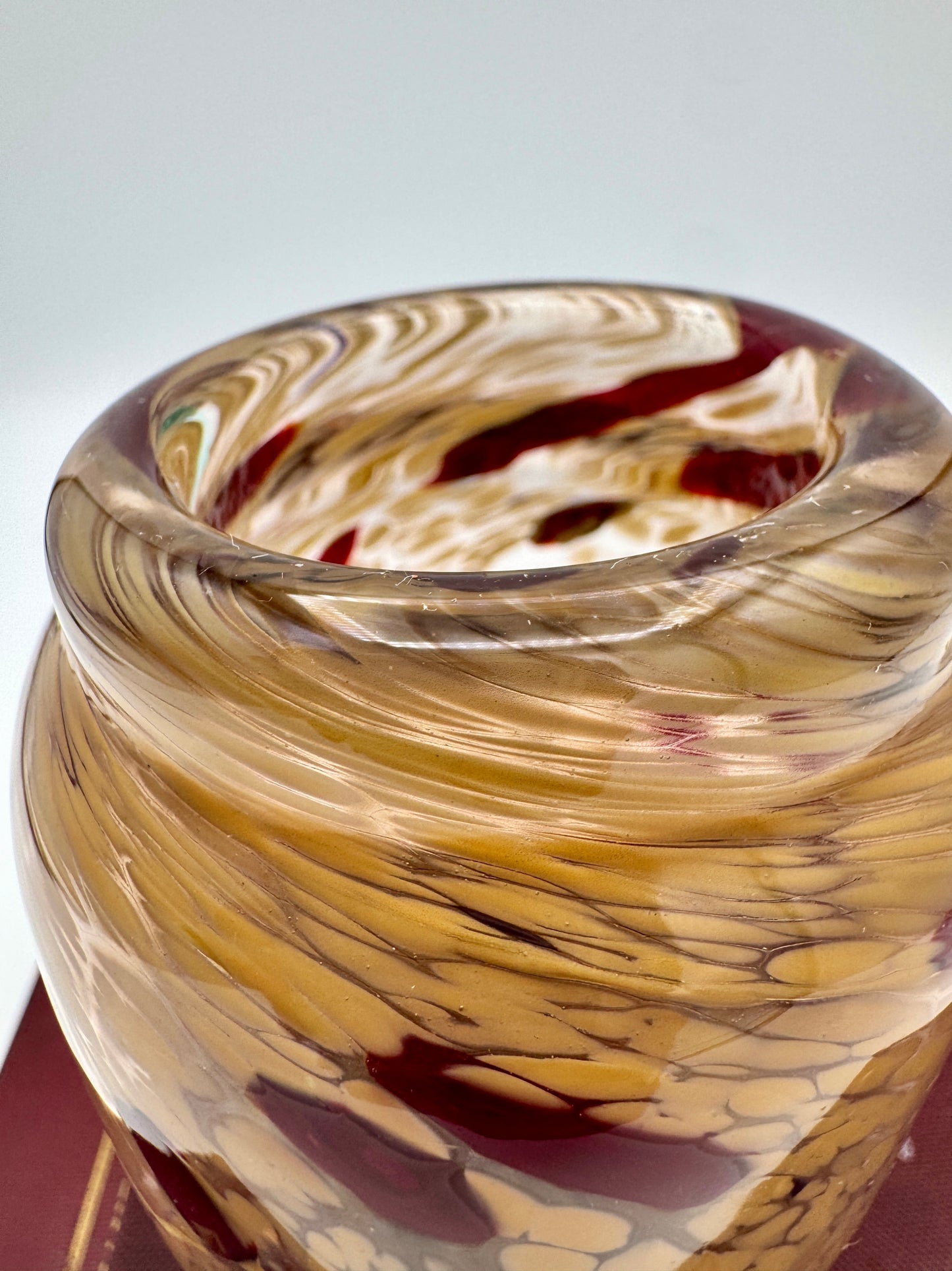 Handblown Art Glass Vase - Amber & Ruby Red Spitted Pattern, 4.5" Studio Glass