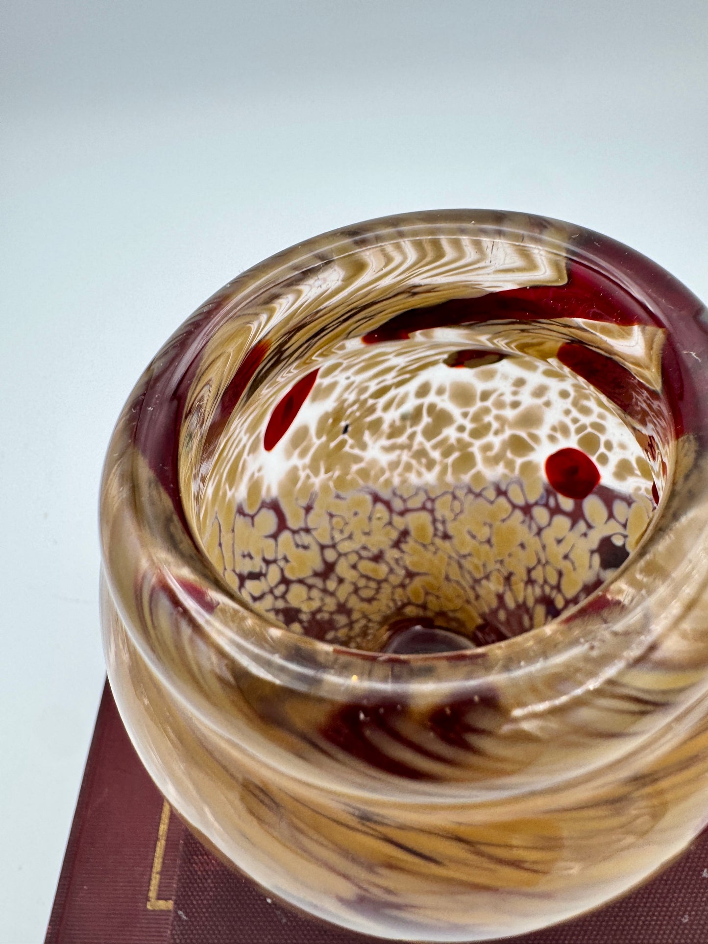 Handblown Art Glass Vase - Amber & Ruby Red Spitted Pattern, 4.5" Studio Glass