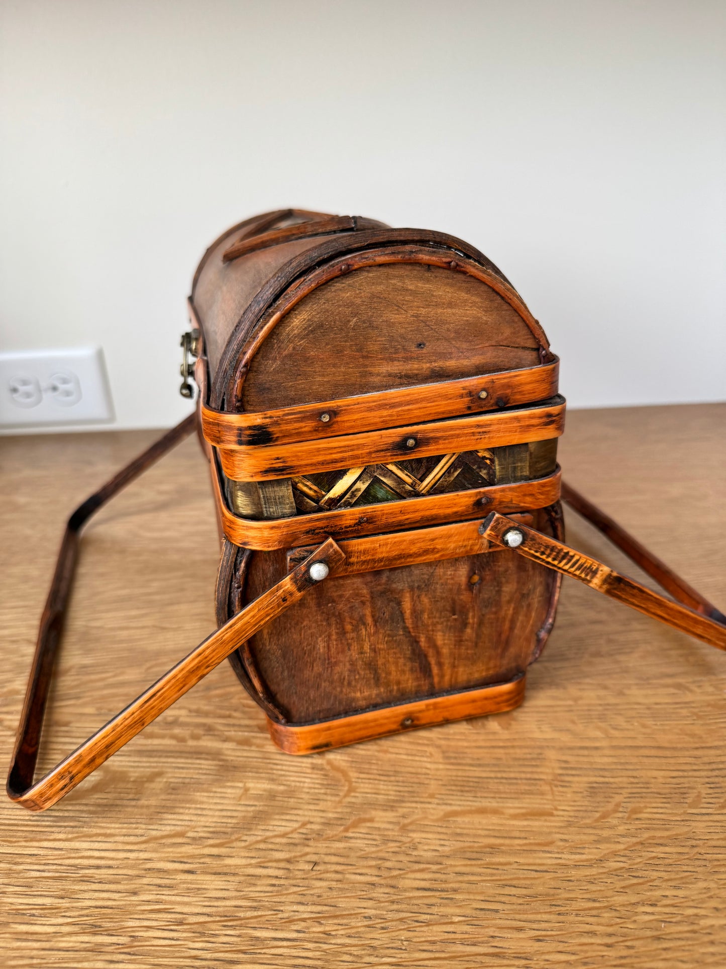 Vintage Lidded Wood Box with Brass Clasp & Inlaid Design
