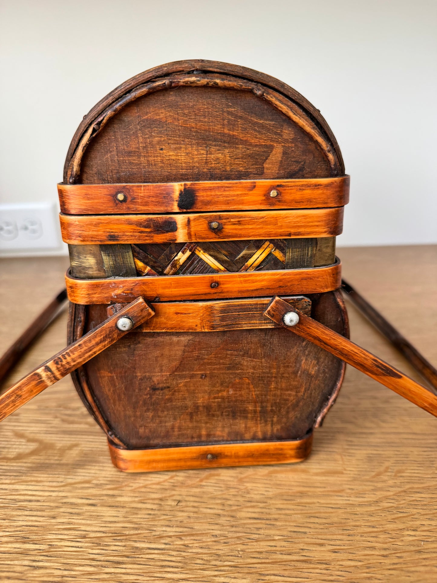 Vintage Lidded Wood Box with Brass Clasp & Inlaid Design