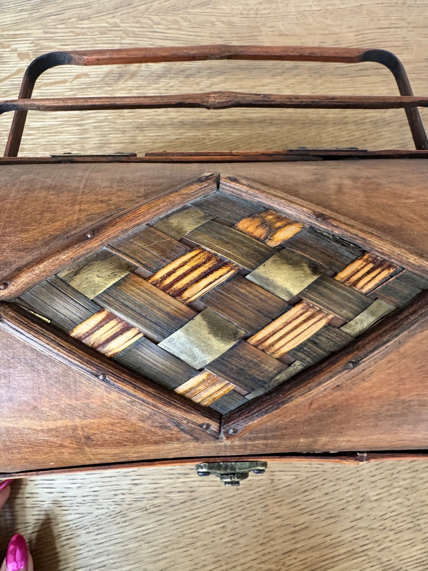 Vintage Lidded Wood Box with Brass Clasp & Inlaid Design