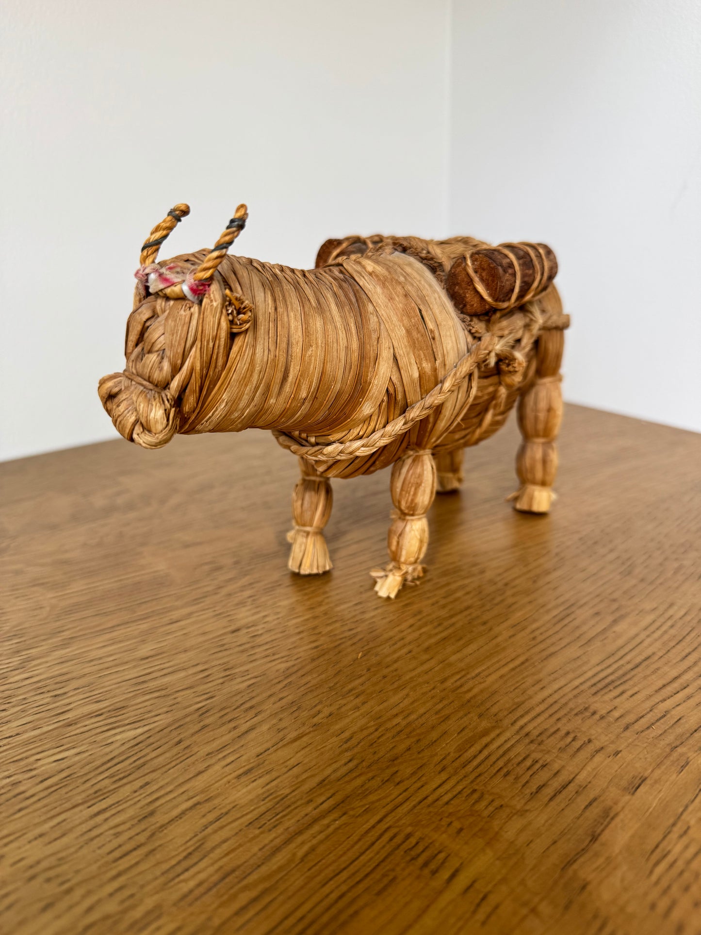 Vintage Hand-Woven Straw Ox Figure – Folk Art Animal Sculpture