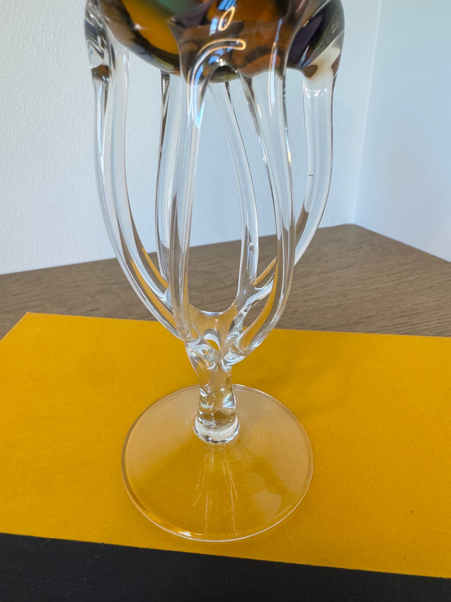 Blue-Green Swirl Art Glass Goblet with Sculptural Clear Stem