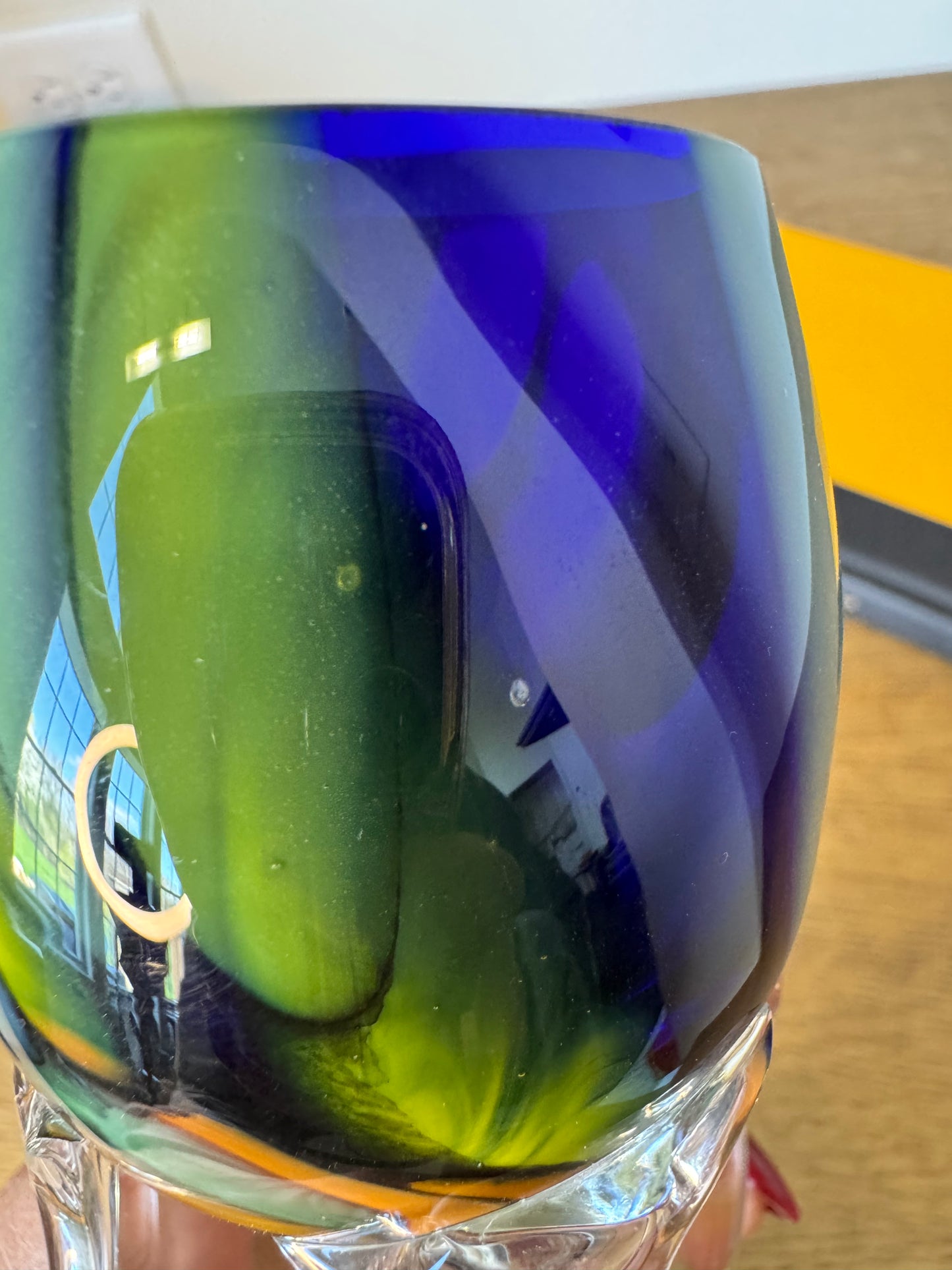 Blue-Green Swirl Art Glass Goblet with Sculptural Clear Stem